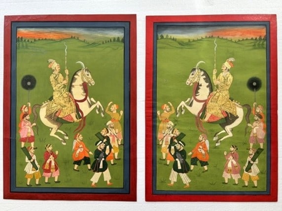 A Pair of Indian Miniatures of Equestrians: Mewar, North India, late 19th/early 20th century, sight: 16 x 10 1/2 in., overall: 18 1/2 x 12 5/8 in.