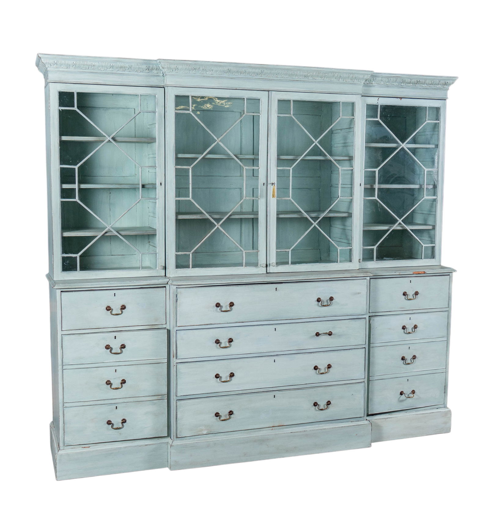 An Antique Georgian-Style Green-Painted Breakfront Bureau Bookcase (1 of 18)