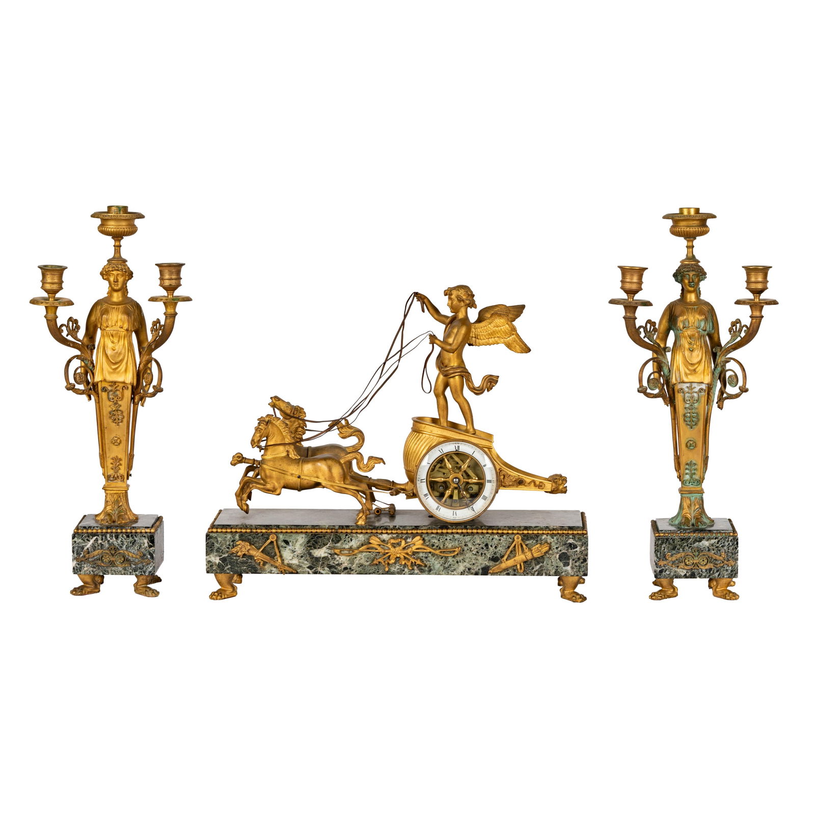 A French Empire Gilt Bronze and Marble Three-Piece Clock Garniture: three piece clock set