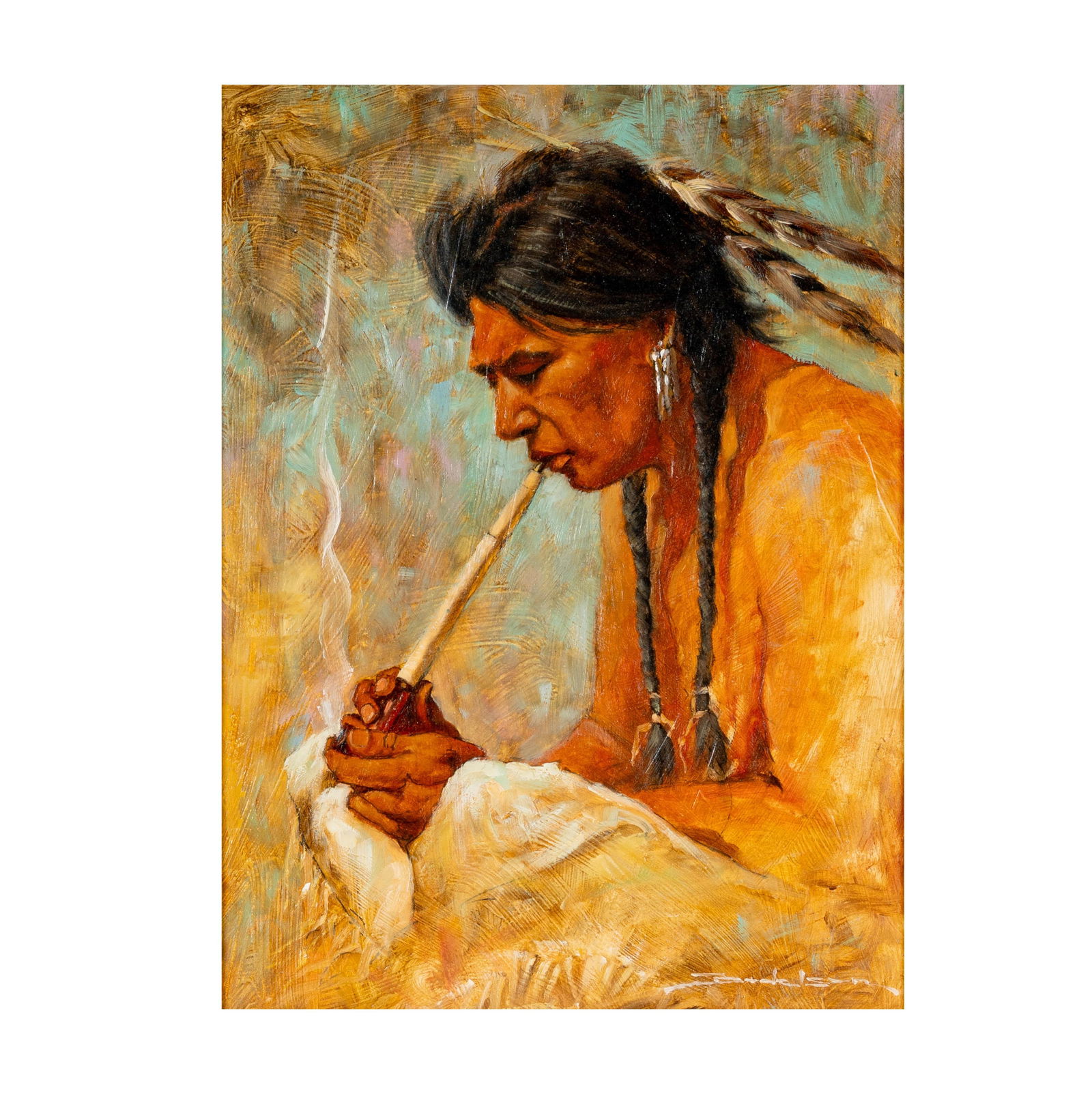 Daniel P. Bodelson (b. 1949,): The Prayer Pipe: oil on panel, signed lower right, signed again and titled verso, 12 x 9 in. (30.5 x 22.9 cm.) frame: 18 1/2 x 15 1/2 in. (47 x 39.4 cm.) Provenance: With Valley Fine Art, Aspen, CO (label verso)