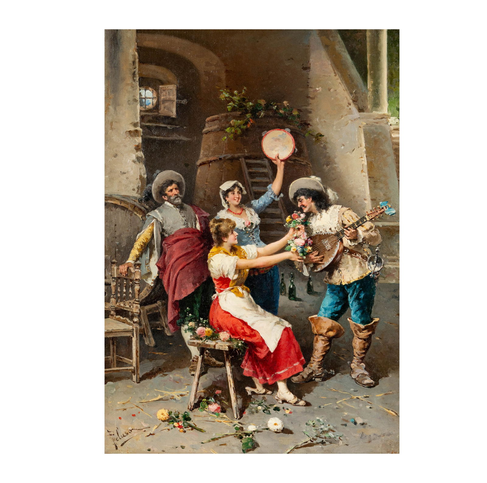 Francesco Peluso (1836 - 1916): Serenade: oil on canvas, relined; signed lower left, 24 x 17 in., Frame: 31 3/4 x 24 1/2 in.