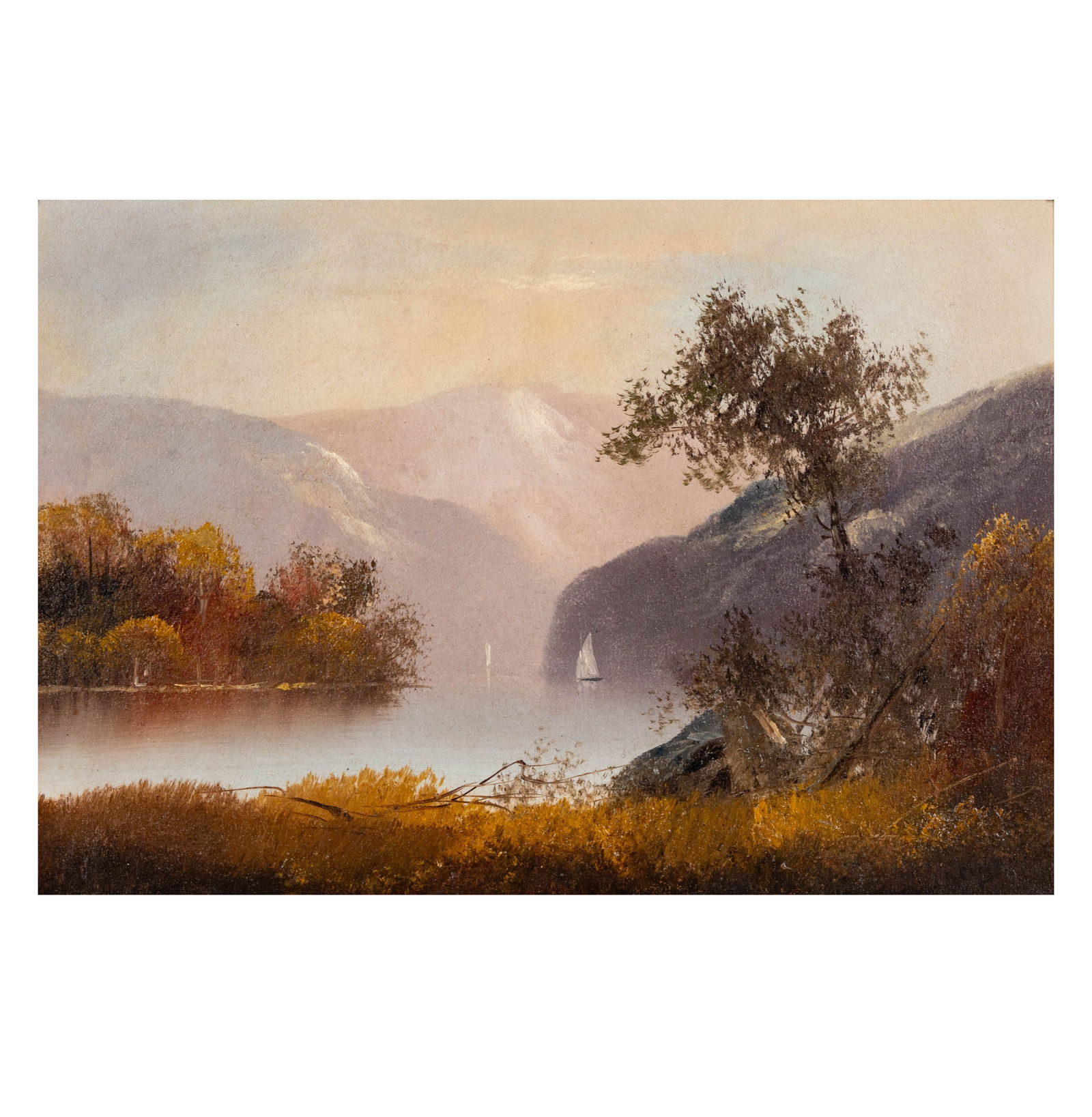 Jasper Francis Cropsey (1823-1900): Lake Landscape: oil canvas, 14 1/4 x 21 in., frame 12 1/2 x 7 in.