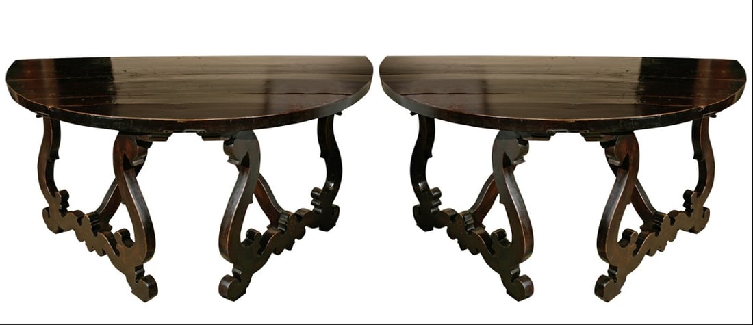 A Pair of Tuscan Ebonized Walnut Demilune Console Tables (1 of 16)