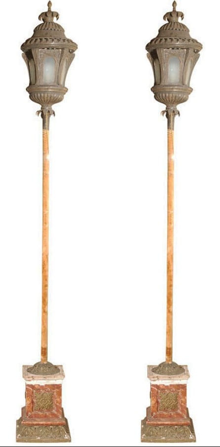 A Pair of Italian Processional Lanterns: Lucca, c. 1800, metal and glass, mounted on painted carved gesso and wood bases, retaining original velvet upholstery, each: 104 1/2 x 12 1/2 x 12 1/2 in.