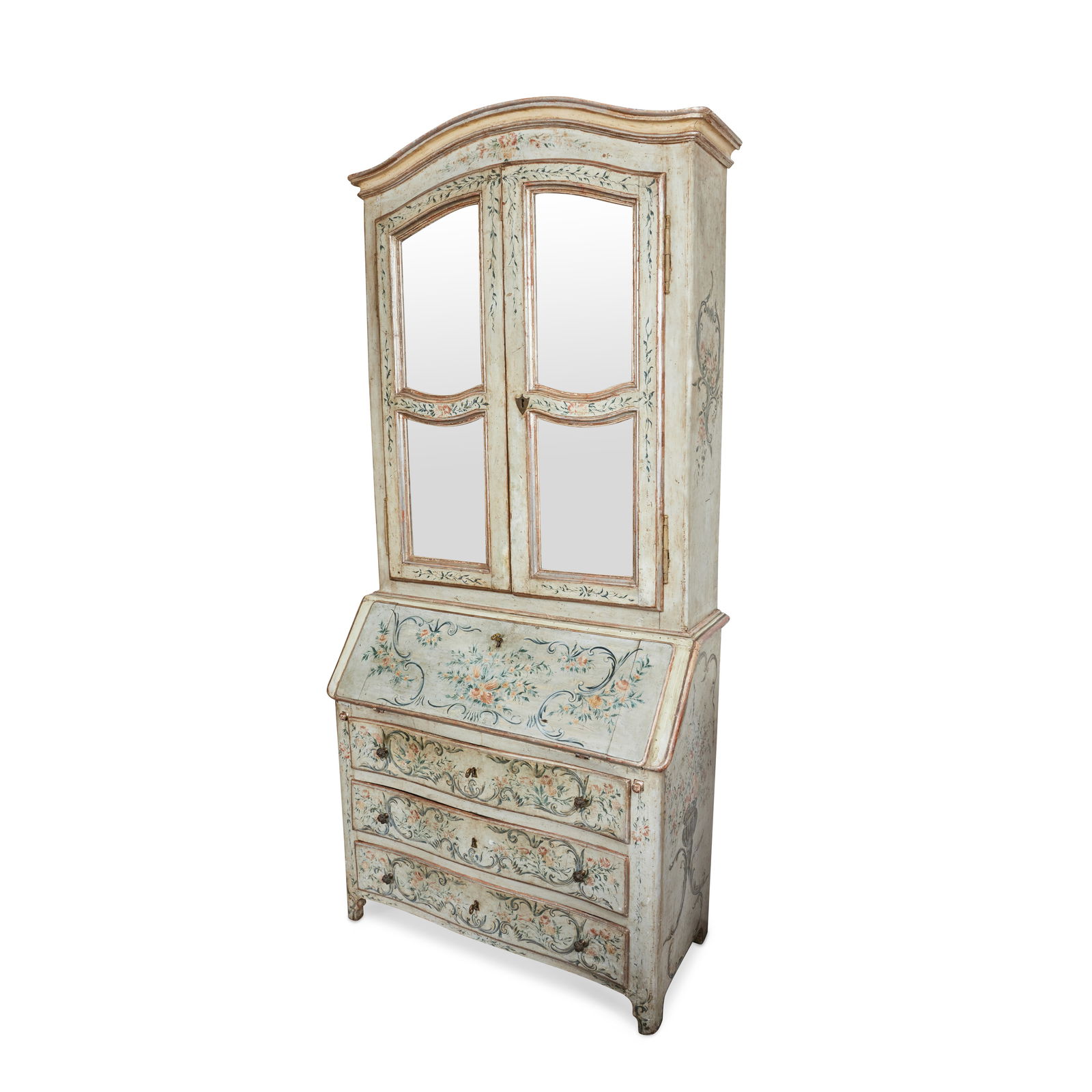An Italian Painted and Silver-Gilt Secretary: c. 1850, the doors inset with original mirror glass, enclosing a fitted interior, 96 1/2 x 43 1/2 x 20 1/4 in.