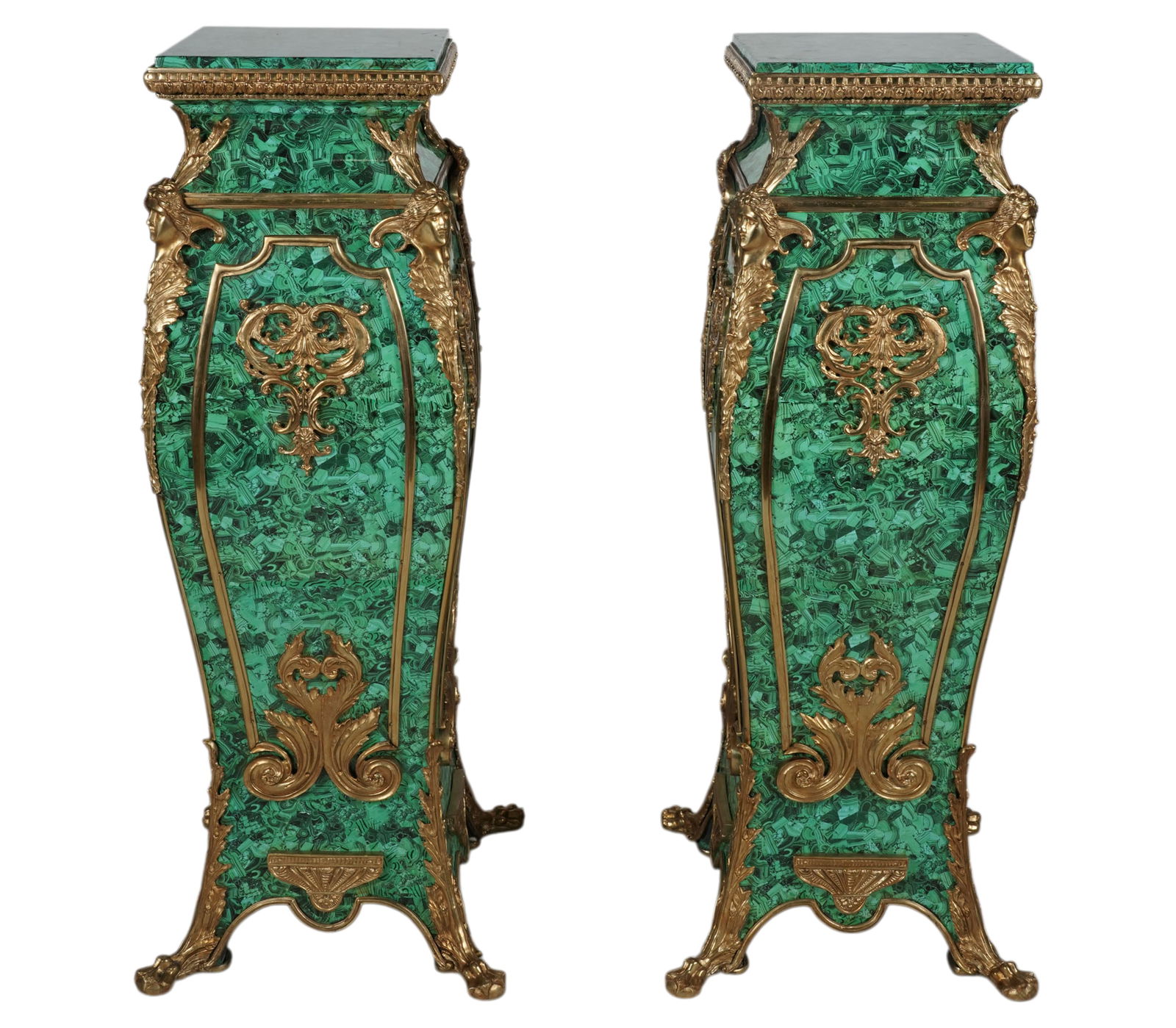 A Pair of Faux Malachite Pedestals: with gilt metal mounts, 49 3/4 x 16 x 16 in.