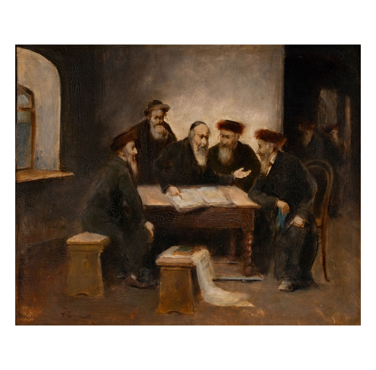 Hans Winter (1853 - 1944): Talmudic Discussion: oil on wood panel, signed lower left, 10 1/4 x 12 1/4 in., frame: 12 3/4 x 15 in.