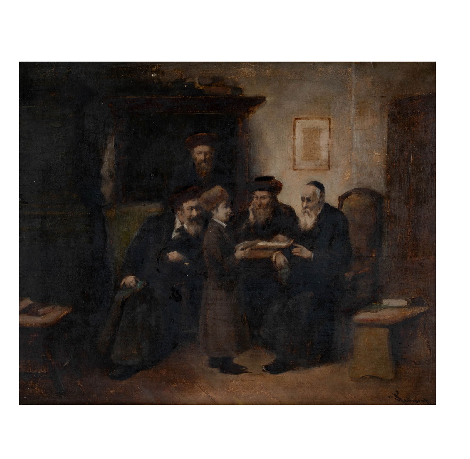 Hans Winter (1853 - 1944): The Bar Mitzvah Lesson: oil on wood panel, signed lower right, 10 1/4 x 12 1/4 in., frame: 12 3/4 x 15 in. Provenance: With "Bundesdenkmalamt Wien" stamp verso.