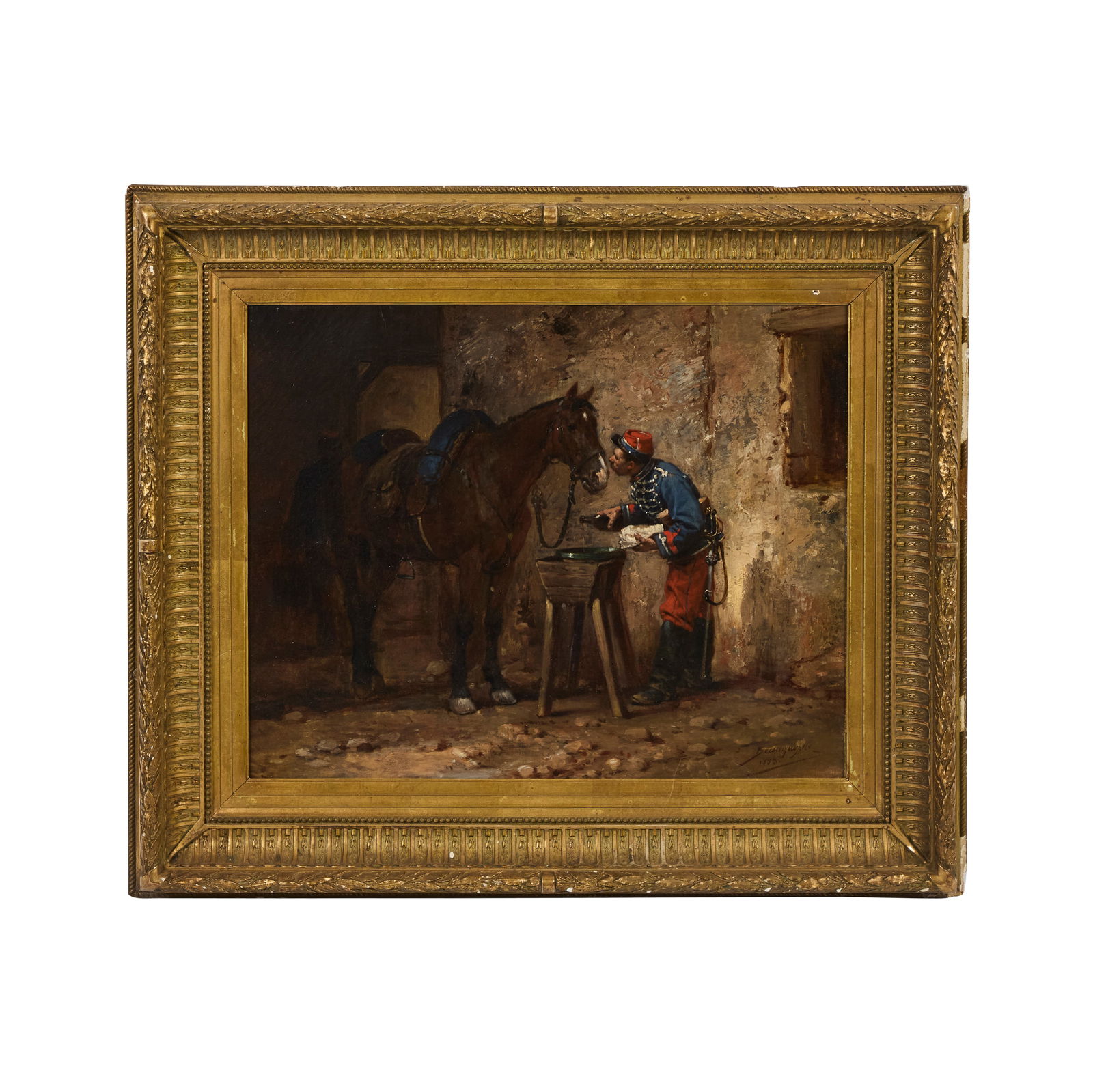 French Signed Oil on Canvas of Soldier and Horse (1 of 15)