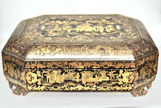 A Chinese Lacquer and Gilt Game Box with Playing Card Trays (1 of 12)