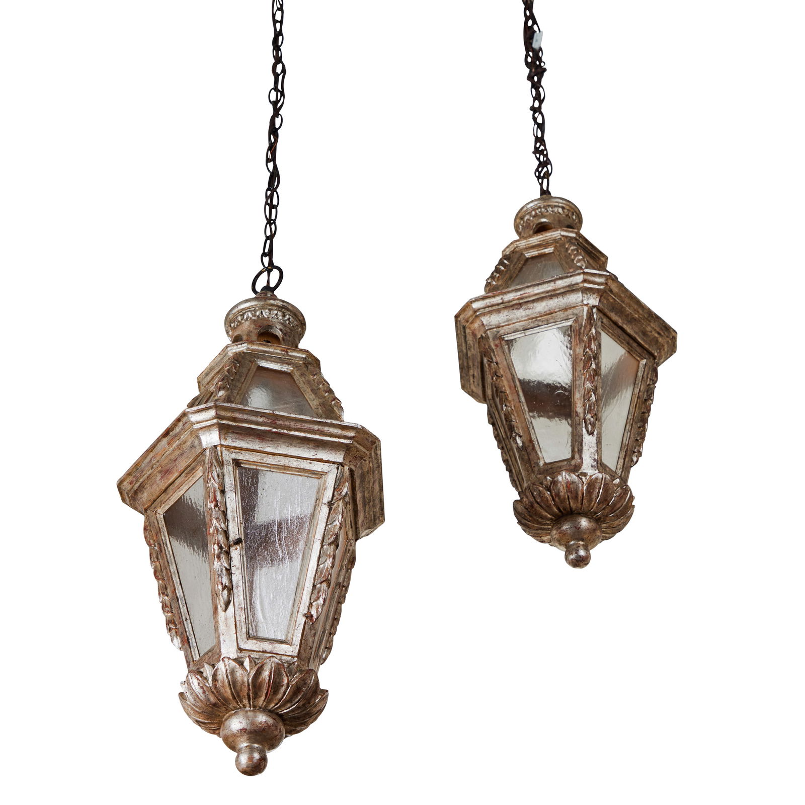 A Pair of Italian Silvered Wood Lanterns: c. 1950s, each with opaque glass panels enclosing one light, each: 31 x 12 in.