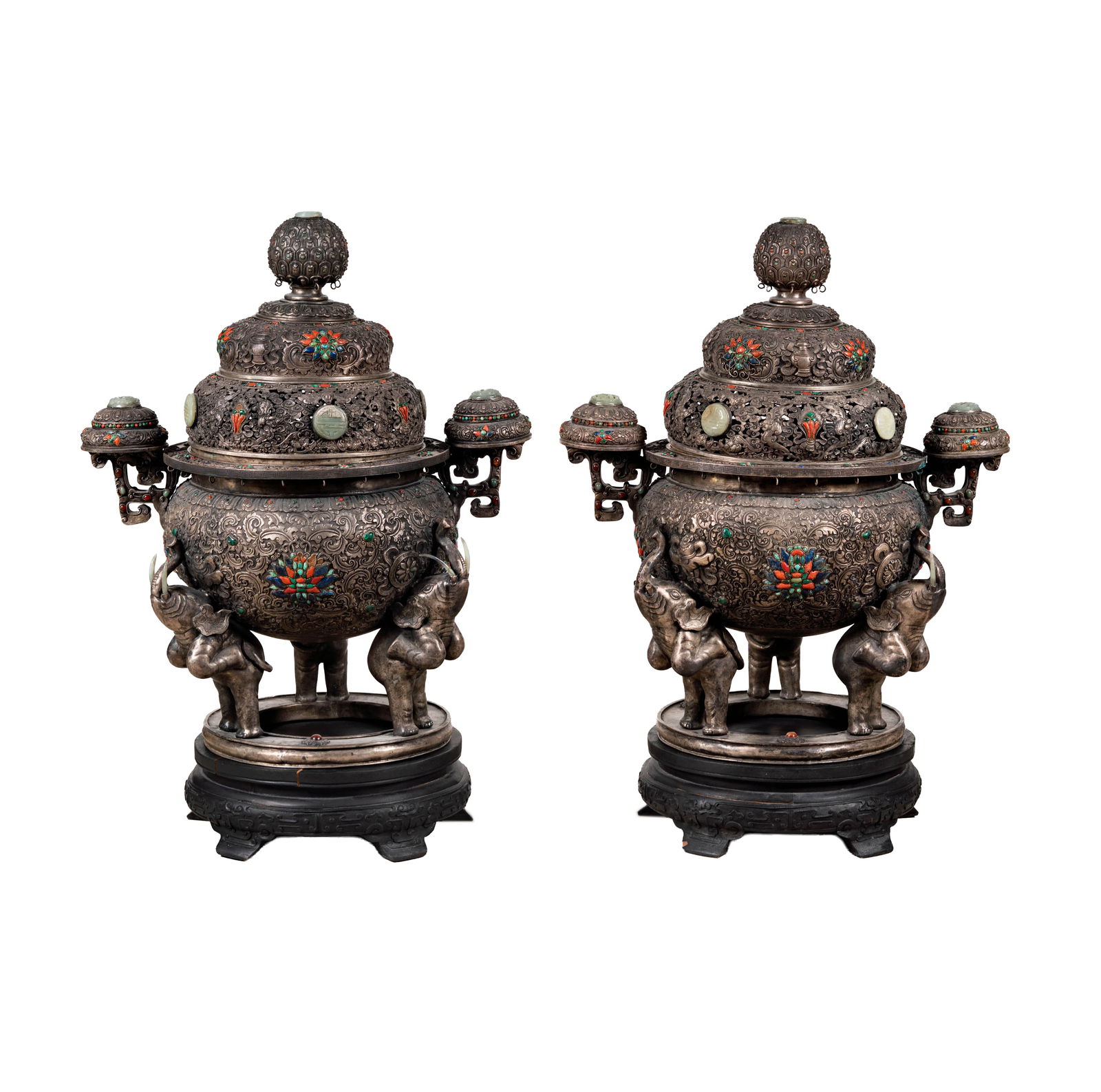 A Pair of Mongolian Silvered Metal and White Jade Censers: mounted with semi-precious stones, each 32 x 27 in. Provenance: Property from a Santa Fe, New Mexico Estate.