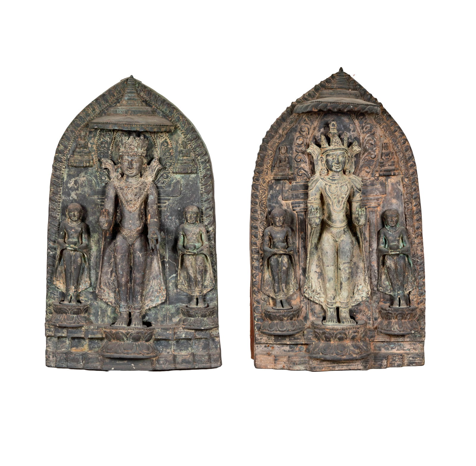 A Pair of Southeast Asian Bronze Stele: 37 1/2 x 22 x 7 in. Provenance: Property from a Santa Fe, New Mexico Estate.