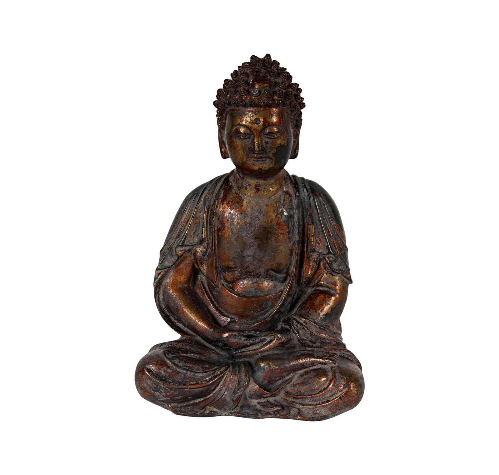 A Korean Gilt and Lacquered Bronze Seated Buddha: similar to examples dating back to 6th century, with distinctive profile on the arched back, 10 in. high; Provenance: Property from the private collection of Ed Hardy, San Francisco, CA