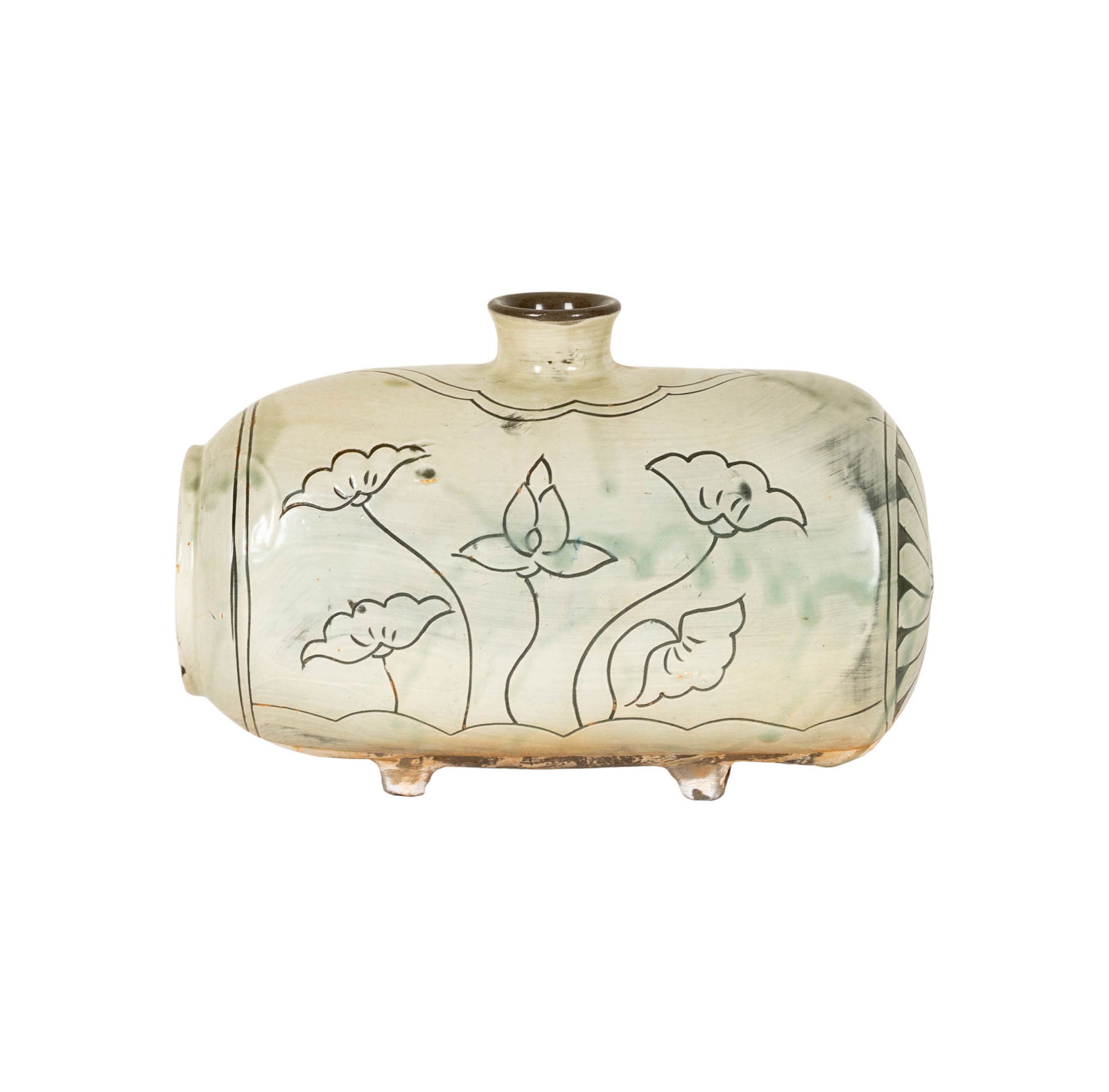 A Very Rare Korean Bale-Shaped Bottle: 17th century, with incised lotus design, 7 1/2 x 11 in.