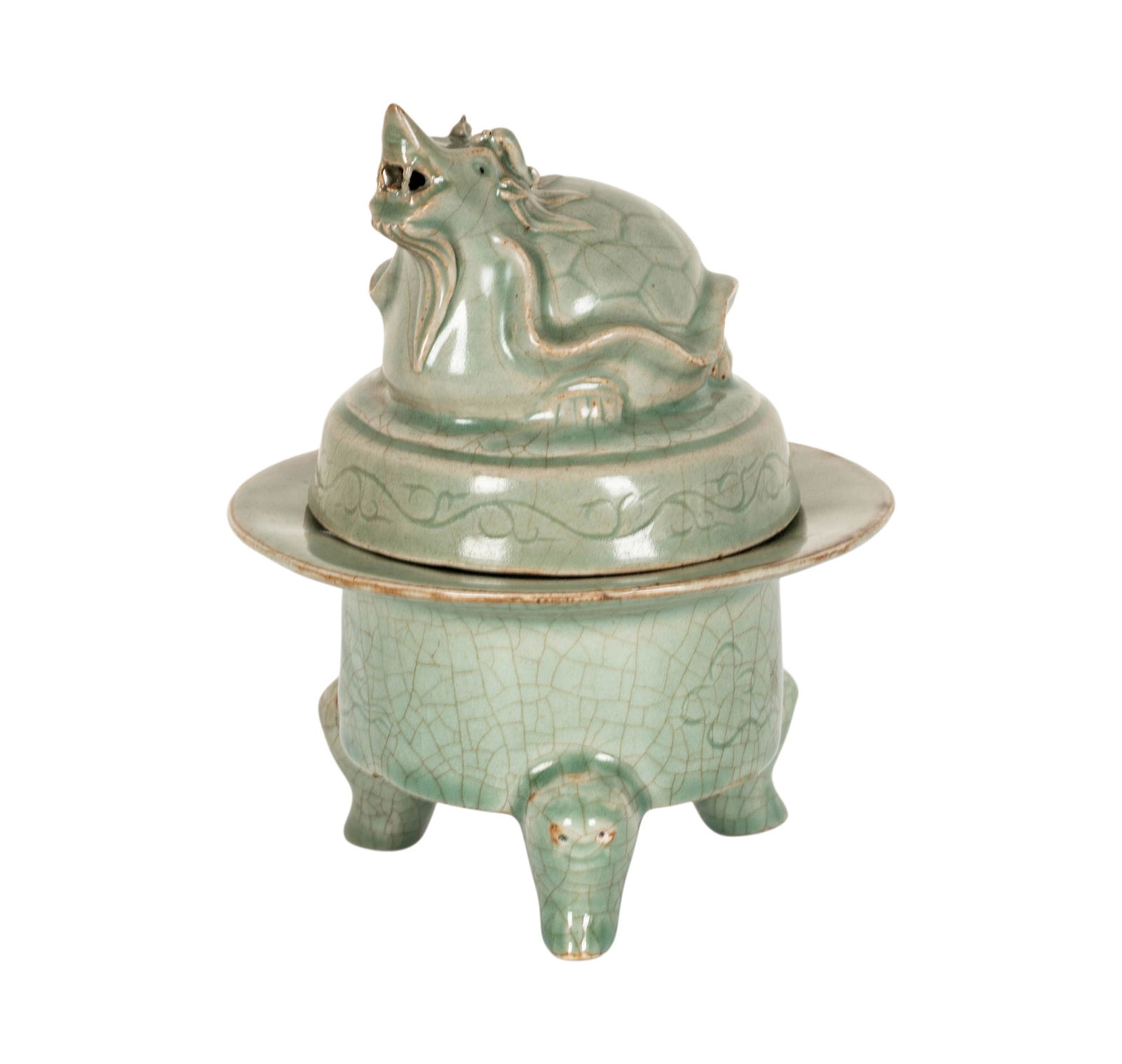 A Very Rare Korean Celadon Dragon Turtle Censer and Cover: 12th century, 7 1/2 in.