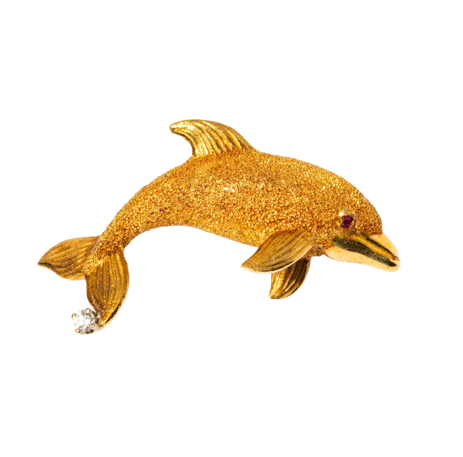 Tiffany & Co., 18 Karat Yellow Gold, Diamond, and Ruby Dolphin Brooch (1 of 8)