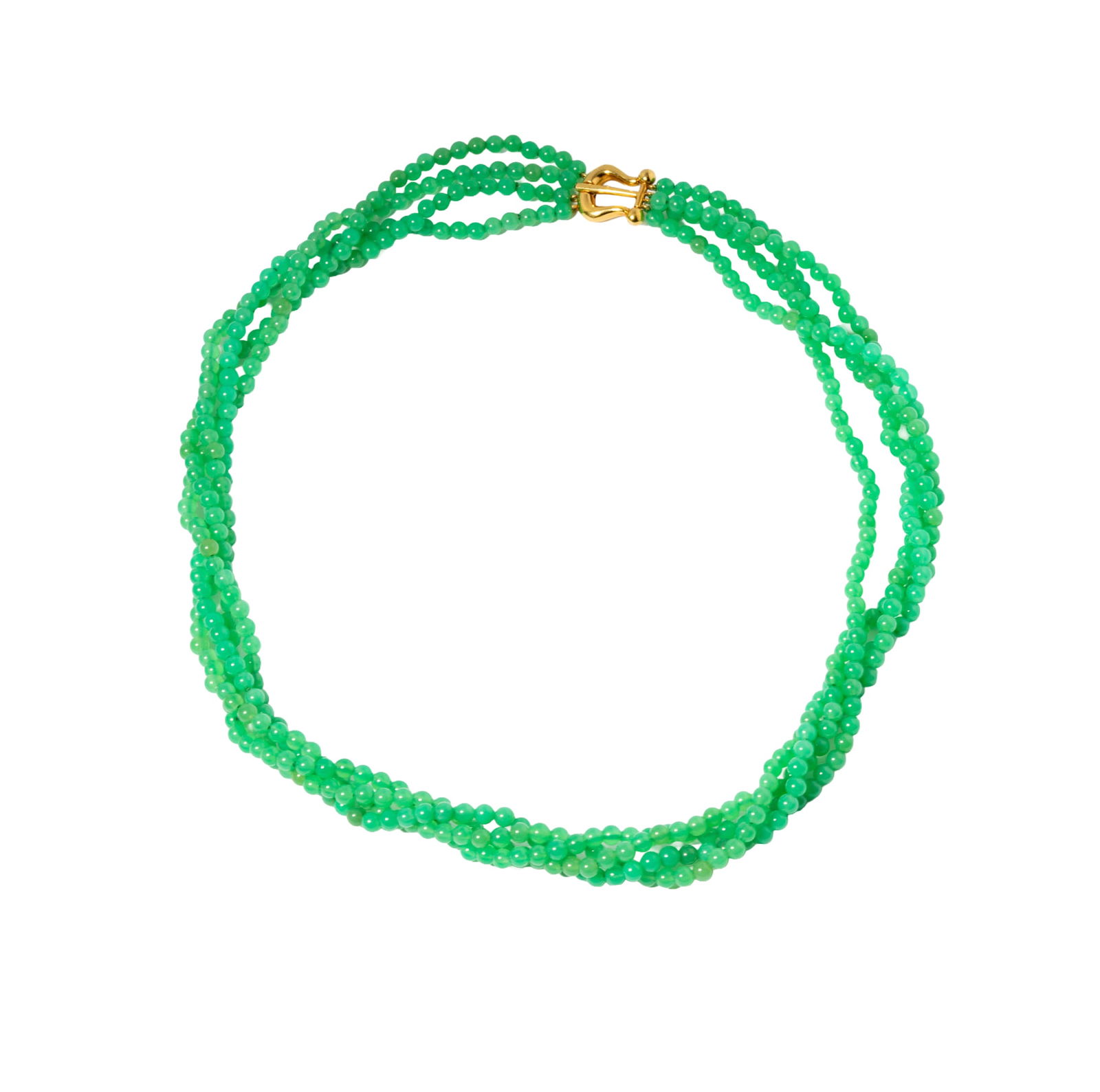 Paloma Picasso for Tiffany & Co. 18 Karat Yellow Gold and Chrysoprase Torsade Nekclace: Containing four strands of chrysoprase beads, each measuring approximately 4.00 mm in diameter; marked for Tiffany & Co. and further marked “Paloma Picasso” and dated 1981; measuring 19-3/4 in