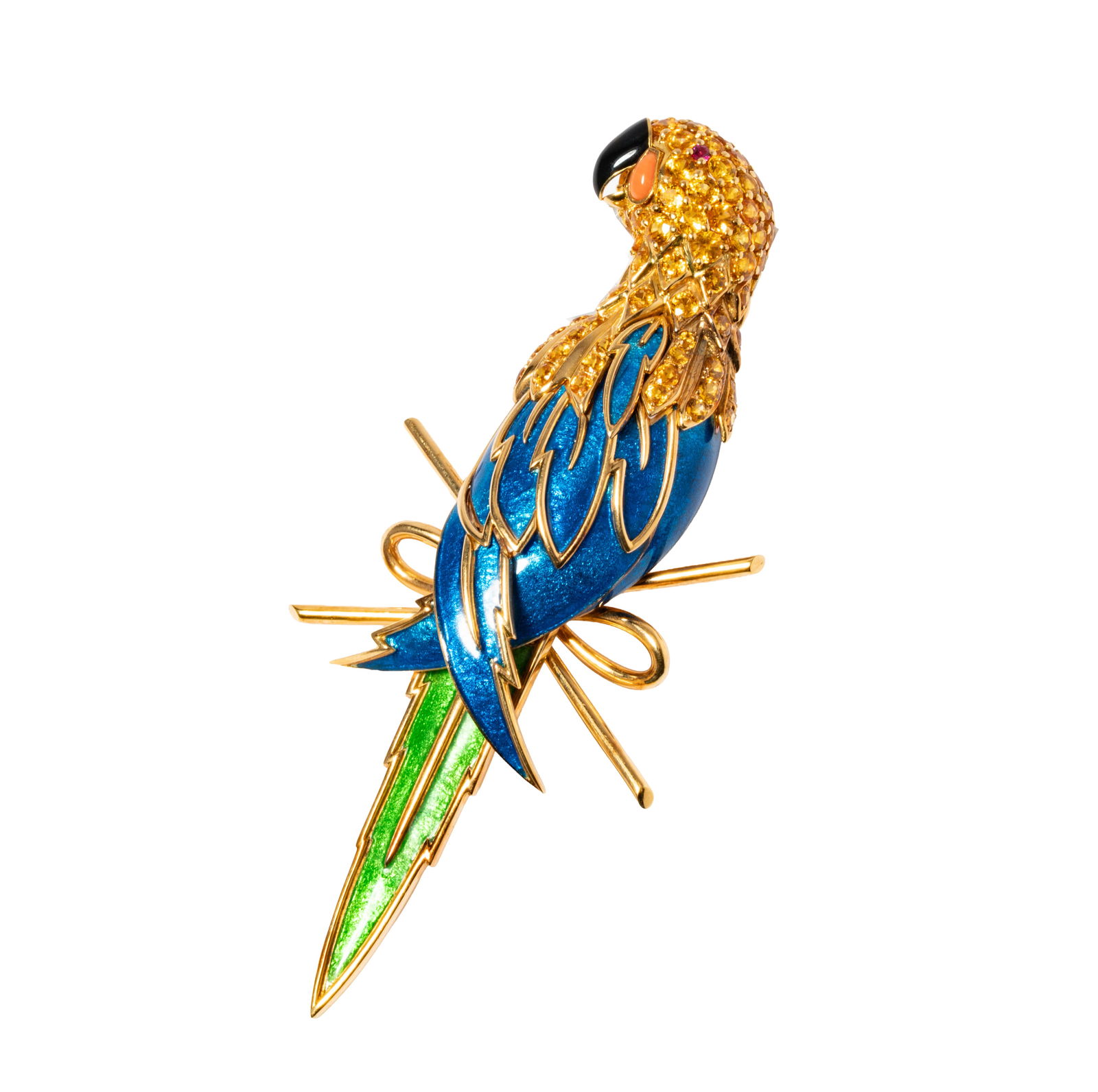 Shlumburger for Tiffany & Co. 18 Karat Yellow Gold, Enamel, and Multi-stone Parrot Brooch (1 of 8)