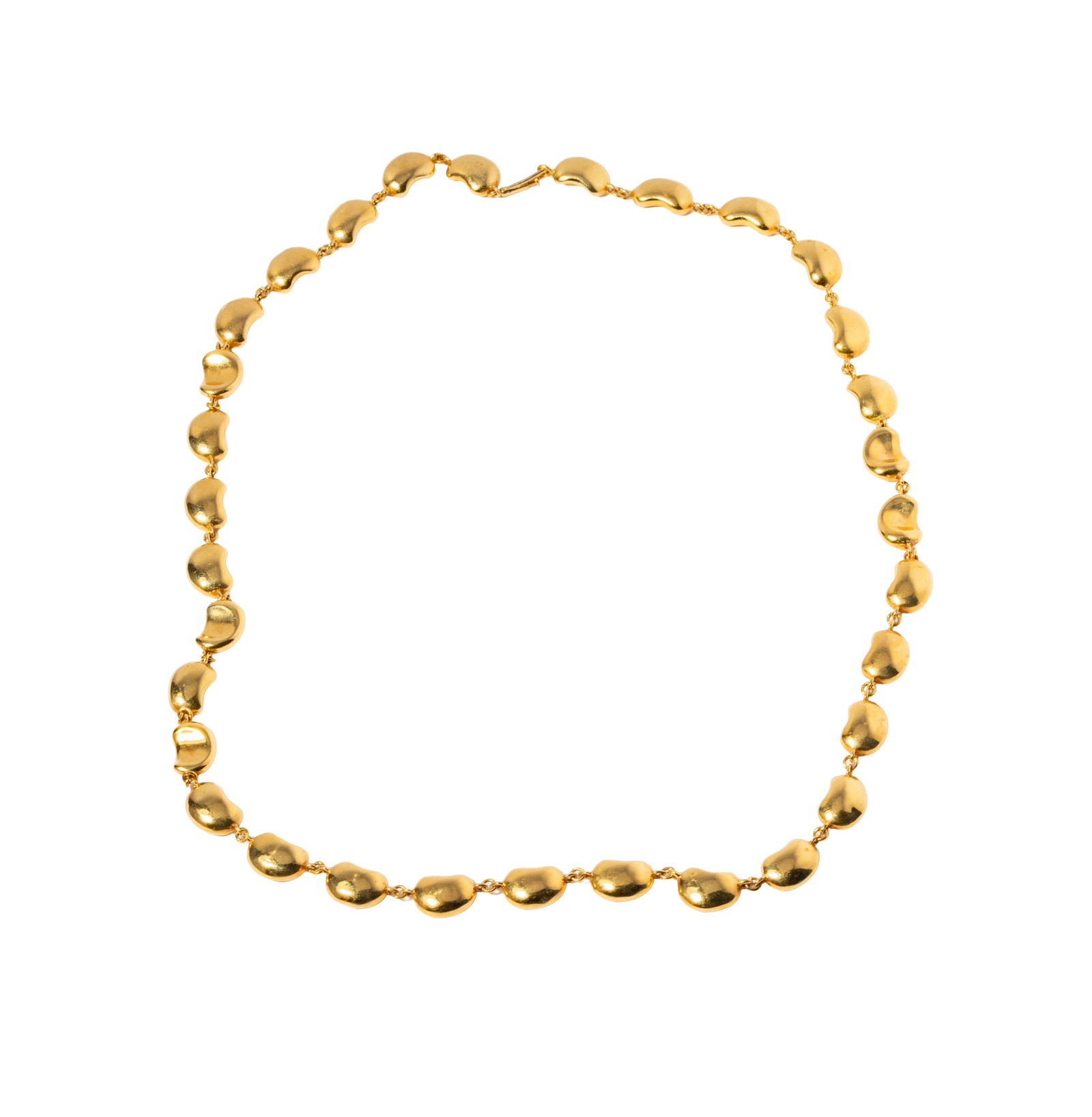 Tiffany & Co. Elsa Peretti 18 Karat Yellow Gold Bean Necklace: Including one bean design necklace measuring 18-1/2 inches long and 7.35mm wide, weighing 75.1 grams; with box;