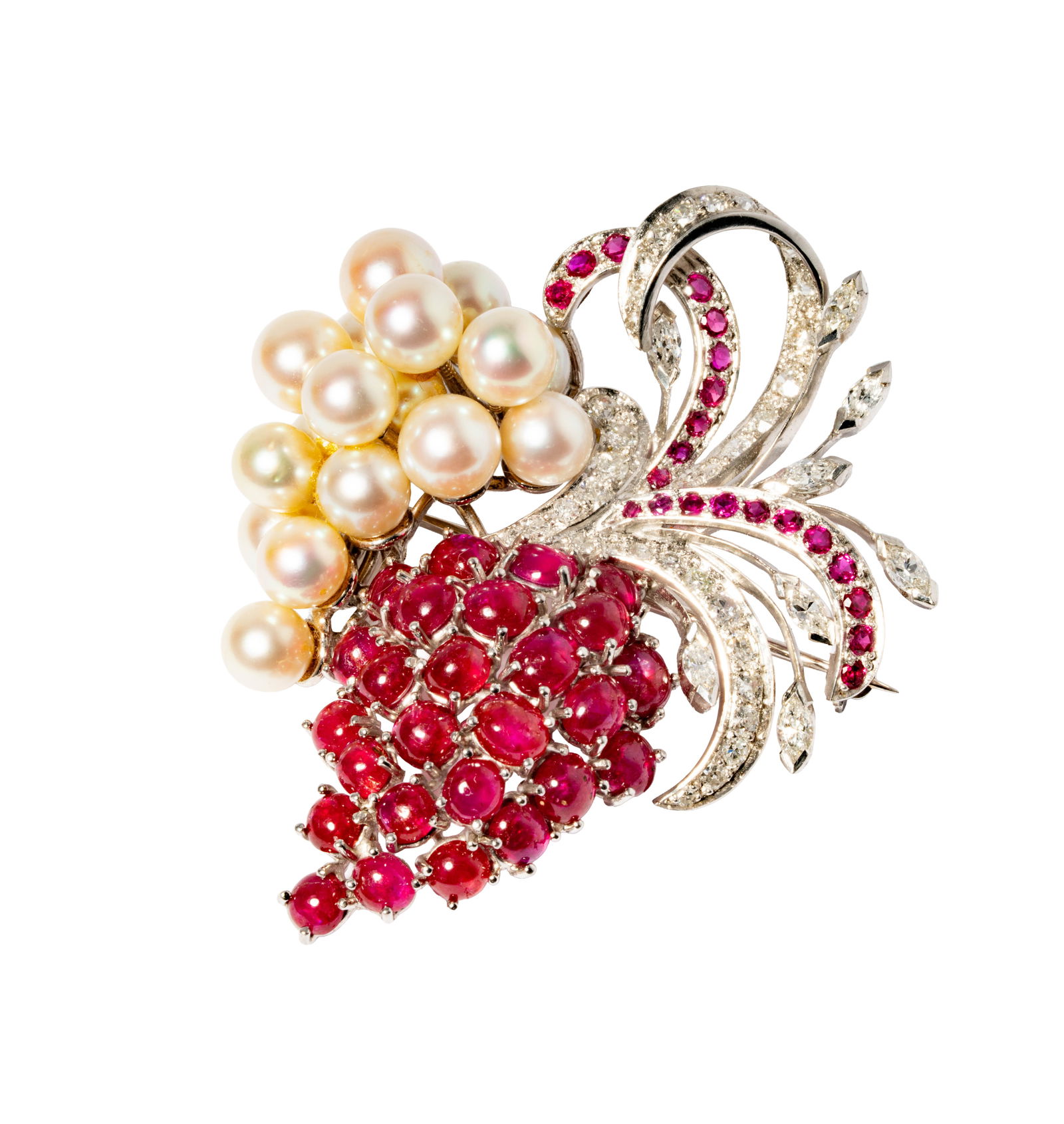 Platinum, Pearl, Ruby and Diamond Brooch/Pendant: Including one platinum, diamond, pearl, and ruby brooch/pendant set with 16 small round pearls measuring 5.6-6.88mm in diameter, and with 42 mixed-cut diamonds [G-H/VS2] weighing 1.85 carats approxima