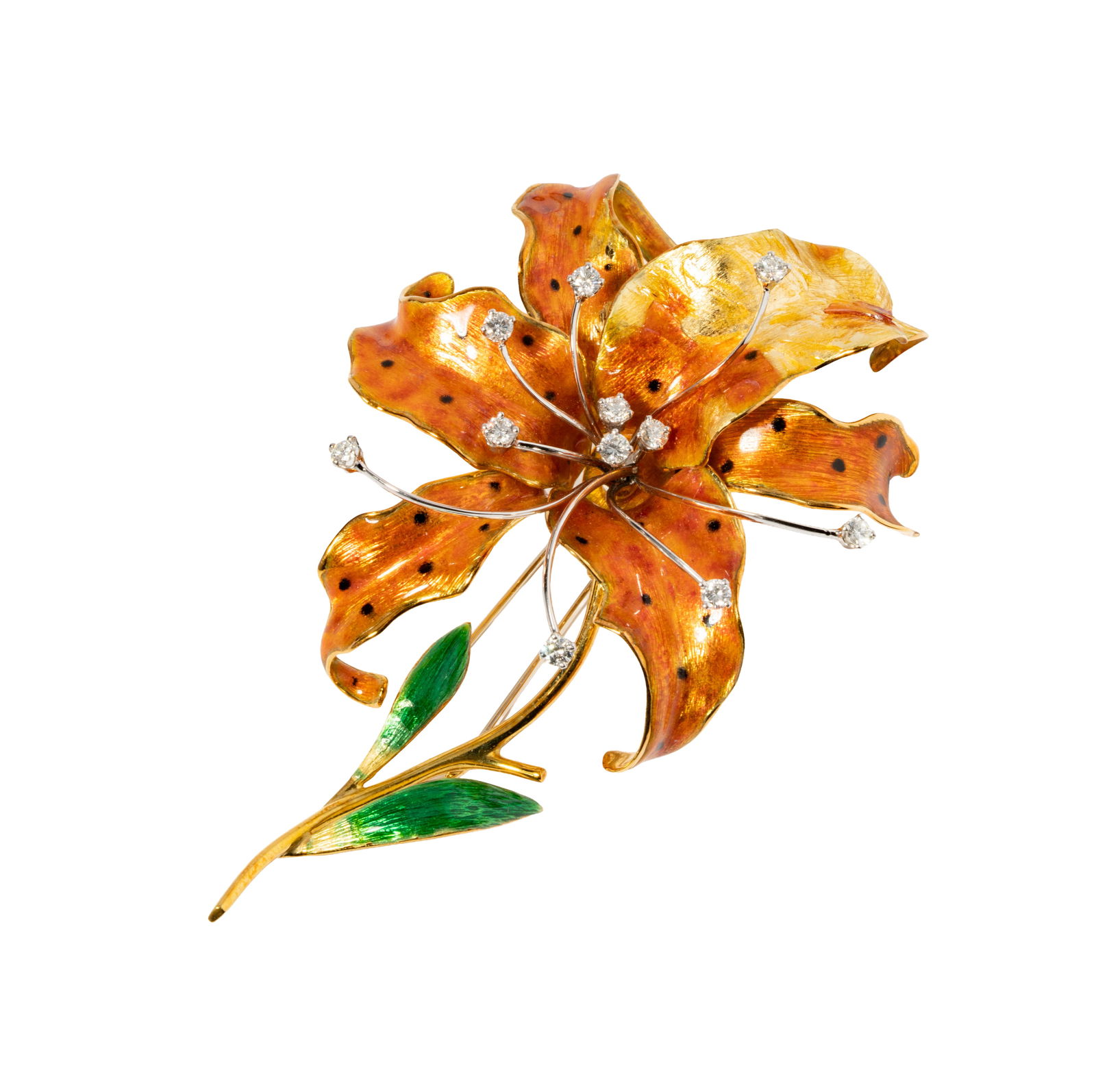 David Webb 18 Karat, Platinum, Diamond and Enamel Tiger Lily brooch (1 of 8)