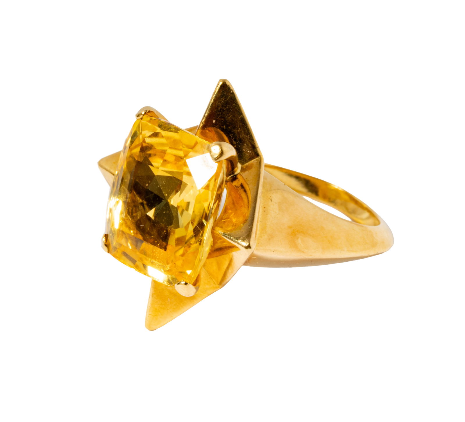 Cartier 18 Karat and Ceylon Yellow Sapphire Ring: Features a cushion-shaped yellow sapphire measuring 13.64 x 11.77 x 6.39 mm and weighing 11.26 carats, set in 18k gold, marked Cartier, London; AGL report # CS 1078585, dated September 28, 2016, stati