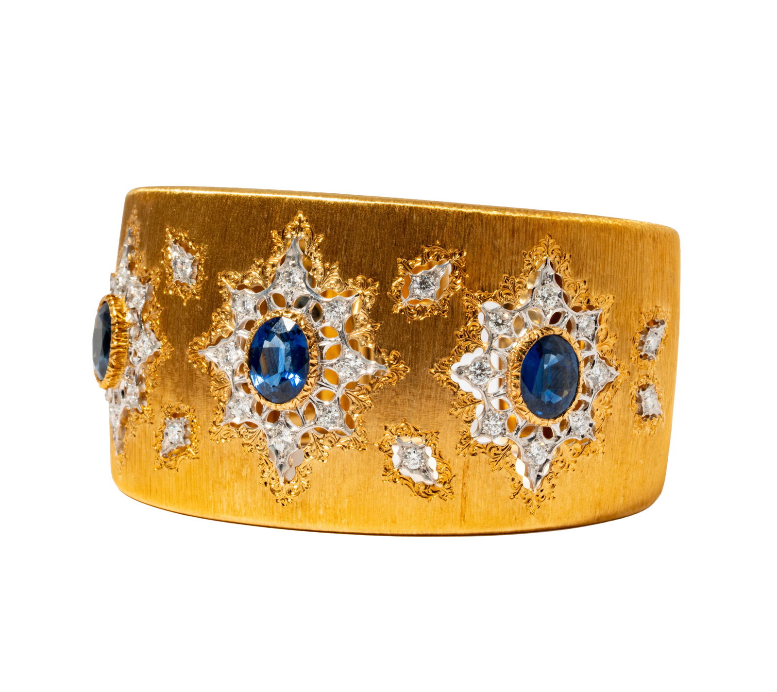 Buccellati 18 Karat Yellow Gold, Diamond, and Sapphire Cuff Bracelet (1 of 9)