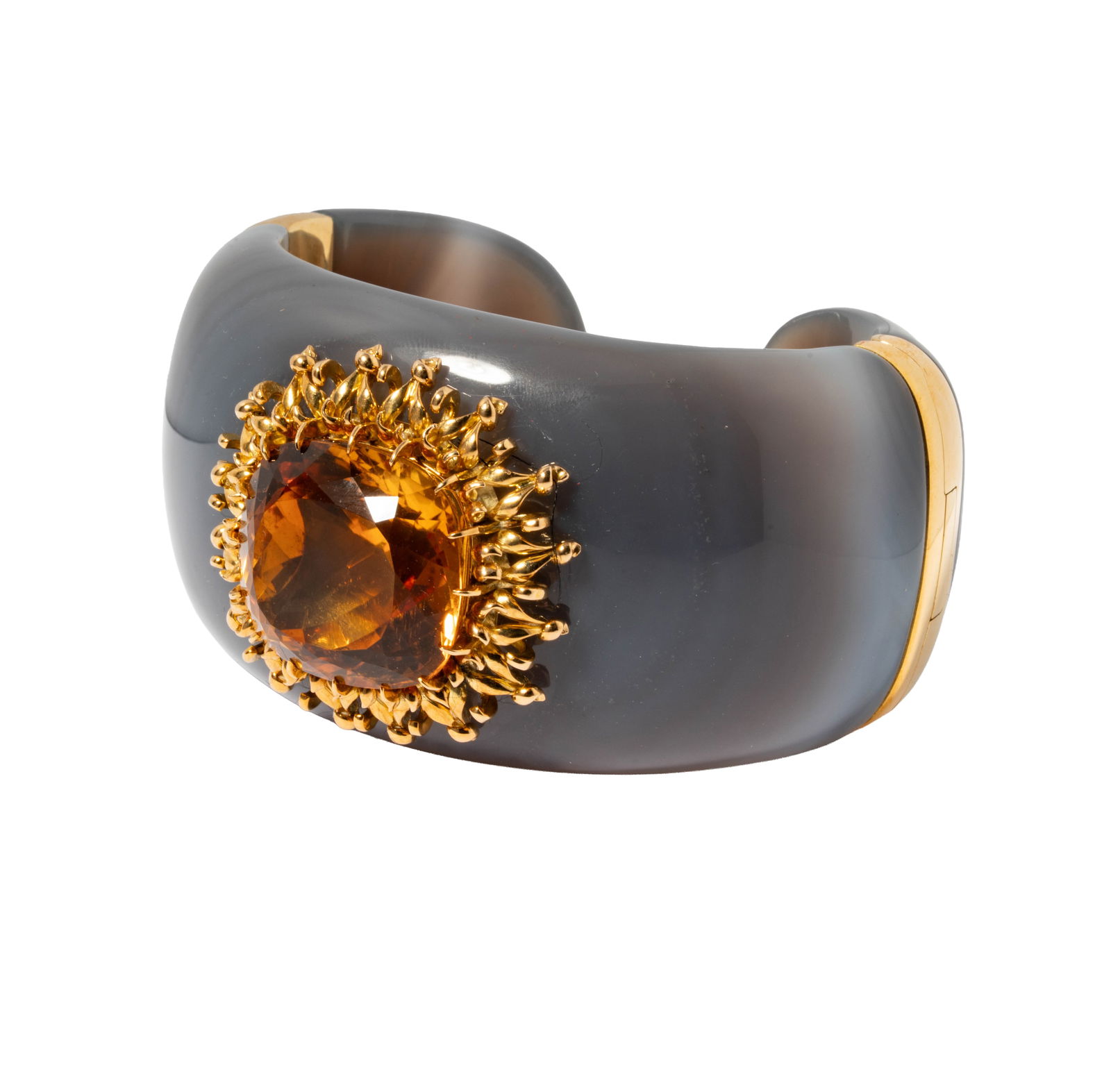 Verdura “No. 43?? 18 Karat Yellow Gold, Agate, and Citrine Cuff Bracelet: Including one Verdura 18 karat,agate, and citrine cuff, set with one large brillaint cushion cut citrine weighing approximately 18.50 carats; bracelet inside measuring 5-1/4 inches inside, weighing 17