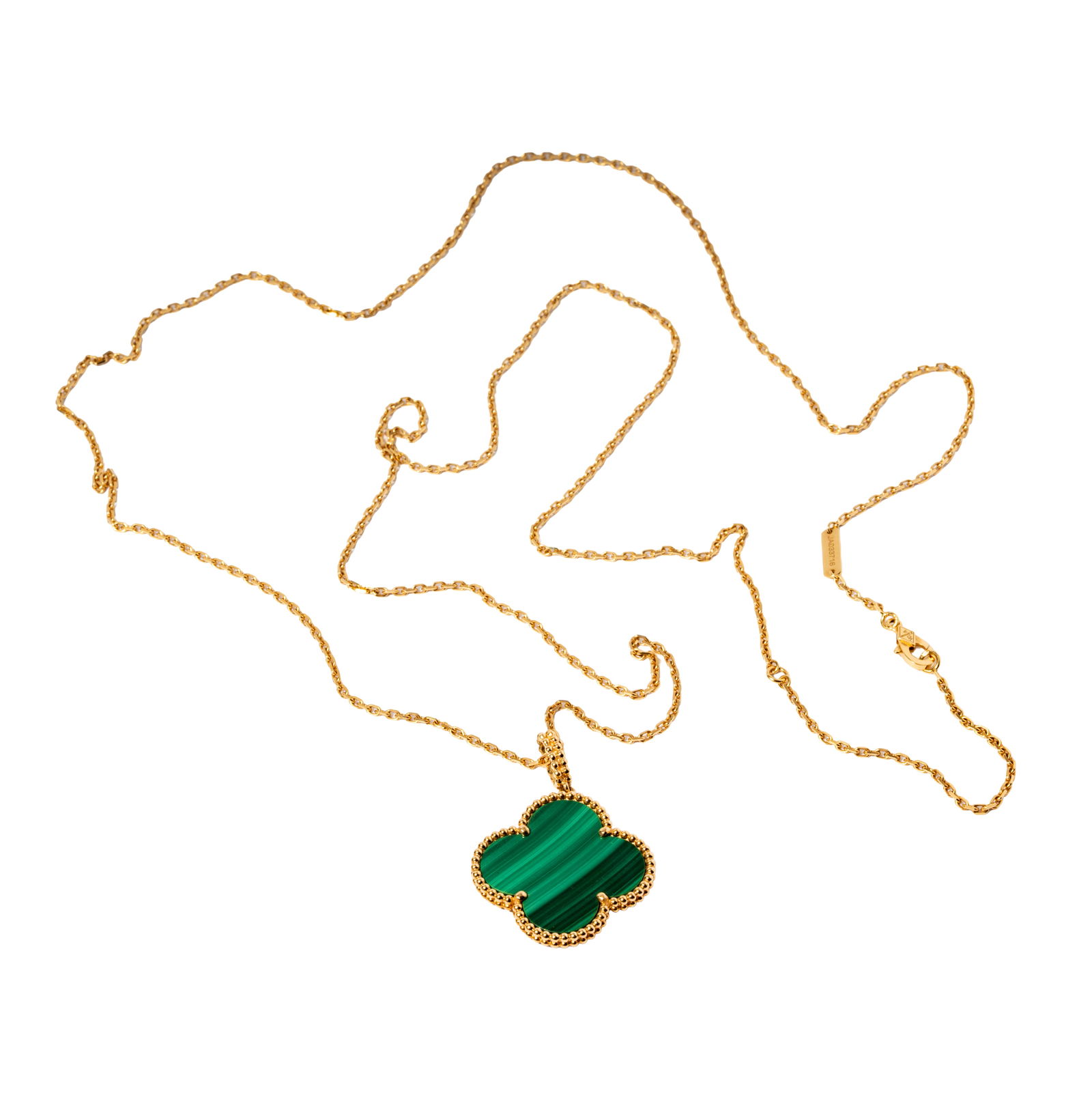 Van Cleef & Arpels 18 Karat Yellow Gold Alhambra Malachite Necklace: Including one 18 karat yellow gold malachite set alhambra necklace; measuring 35-1/8 inches at its longest, weighing17.1 grams;