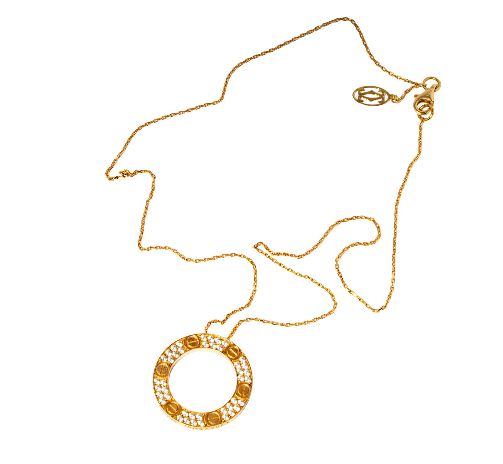 Cartier 18 Karat Yellow Gold and Diamond Love Necklace: Including one Cartier love necklace set with 42 small round diamonds [G/VVS2]weighing approximately 0.60 carats; marked Cartier 750 8973; necklacemeasuring 16-1/2 inches long, weighing 6.9 grams;