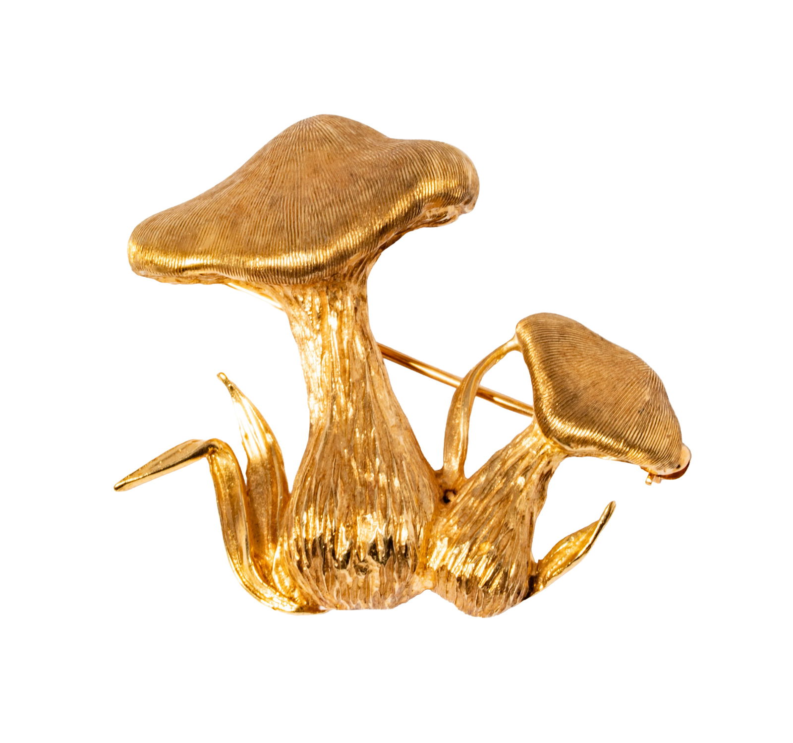 14 Karat Yellow Gold Mushroom Brooch: Including one 14 karat yellow gold mushroom brooch measuring 1-9/16 inches by 1-3/4 inches wide, weighing 14.1 grams;