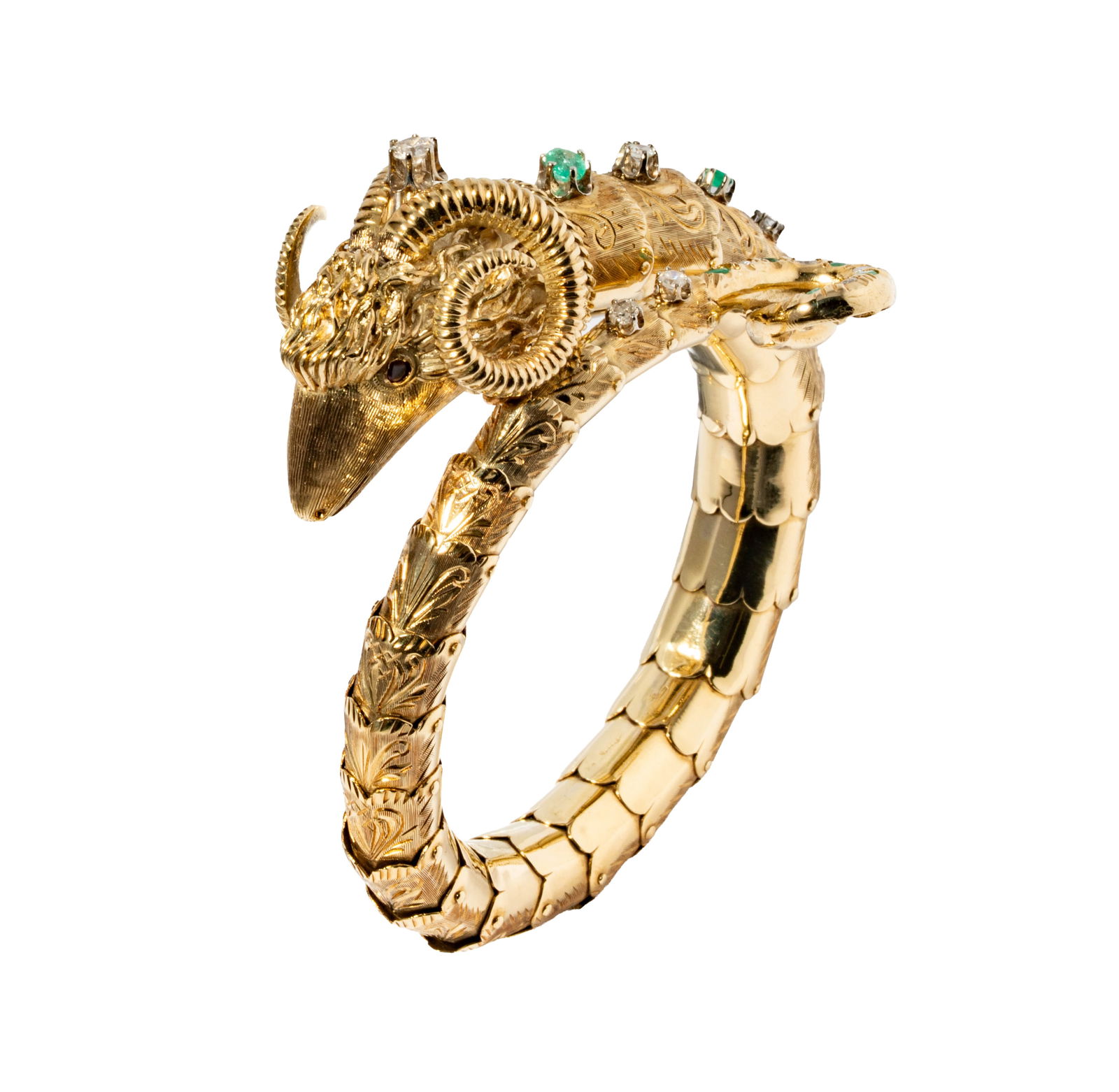 14 Karat Yellow Gold, Diamond, Ruby and Emerald Ram Bangle (1 of 12)