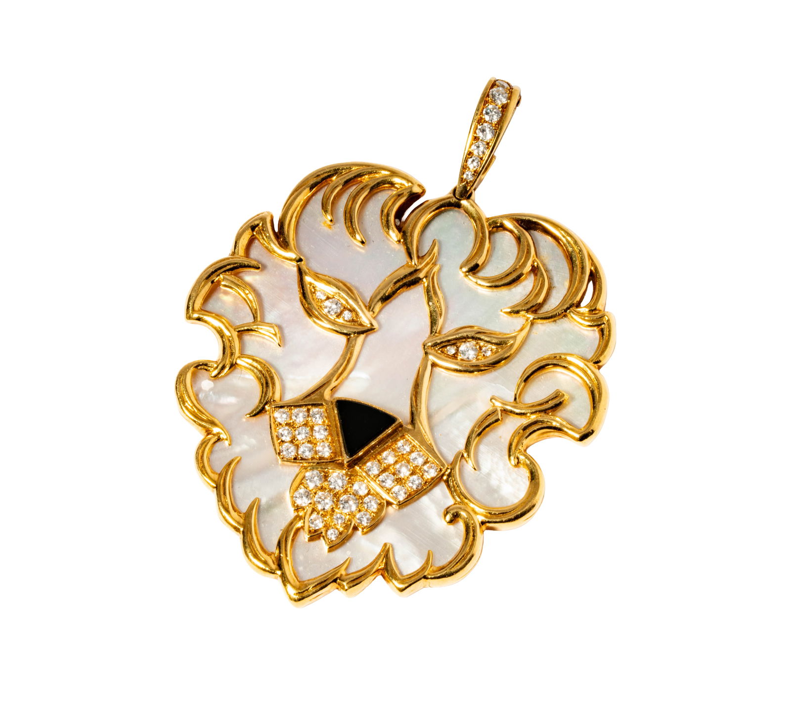 Fred 18 Karat Yellow Gold, Diamond, Onyx and Mother-of-Pearl Lion Pendant: Containing 42 full-cut diamonds [G-H/VS] weighing approximately 1.45 carats total; one freeform-shaped tablet-cut mother-of-pearl measuring approximately 60.25 x 55.50 x 2.15 mm; and one