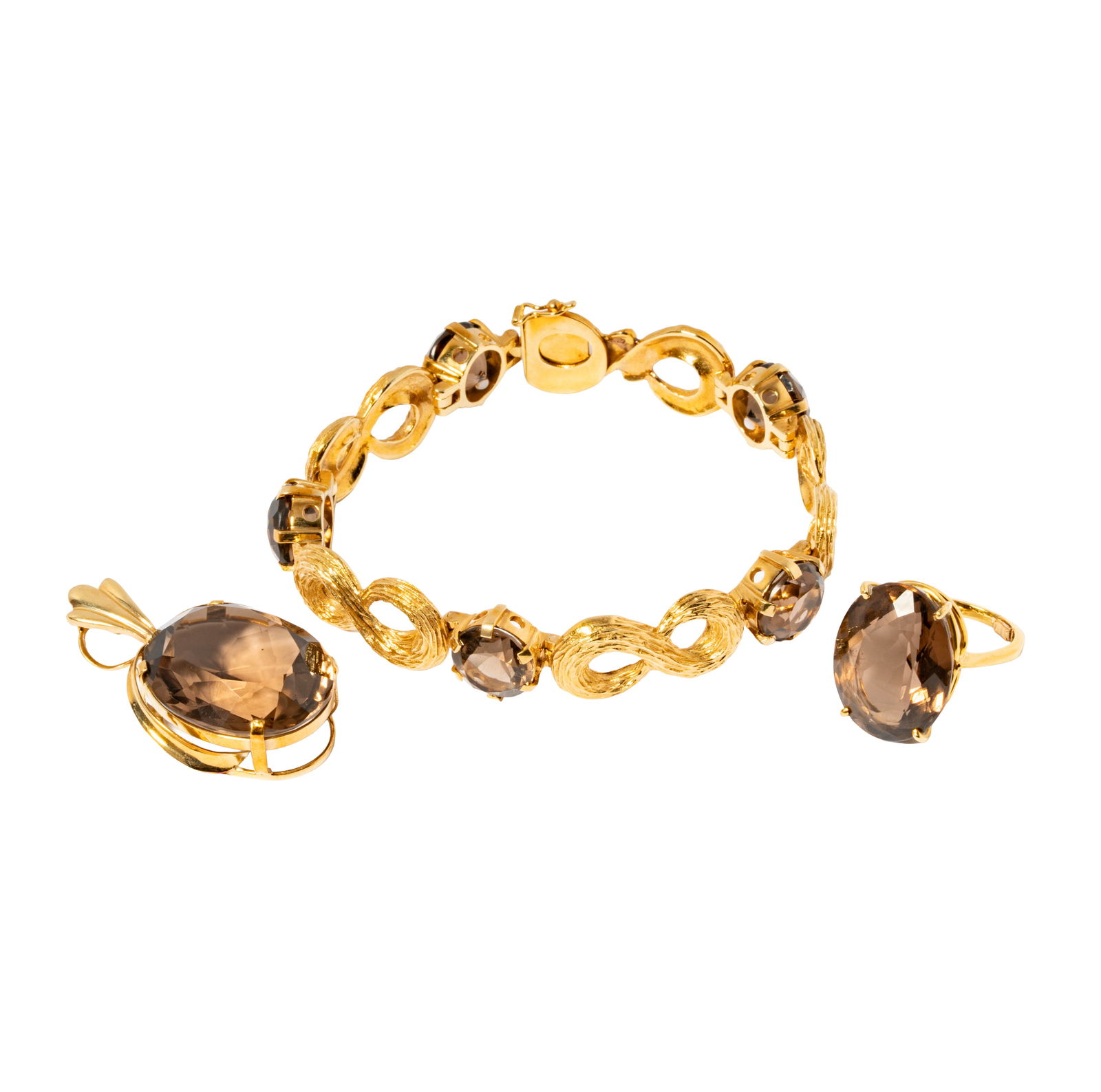 Assembled Suite of Yellow Gold and Smoky Quartz Jewelry: Including one 14 karat yellow gold smoky quartz braceletset with five round smokey quartz measuring approximately 11mm in diameter, bracelet measuring 7-1/2 inches long, one 14 karat yellow gold