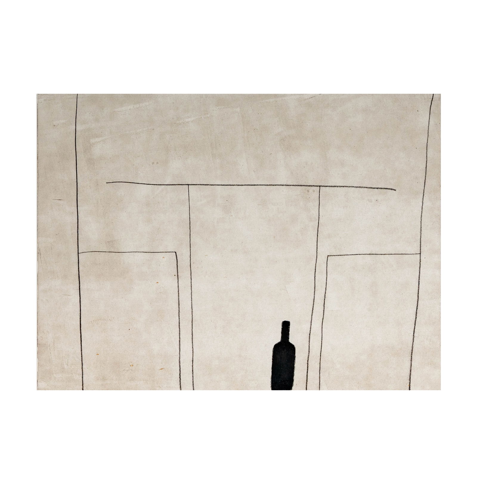 Antony Gormley (b. 1950): Untitled (Table, Chairs, and Wine Bottle): charcoal on paper, c. 1990, inscribed in pencil versoFor Mark and Hopewith Love Antony / Los Angeles 31-1-90, Sheet: 19 1/2 x 23 1/4 in., frame: 22 1/4 x 25 1/2 in.