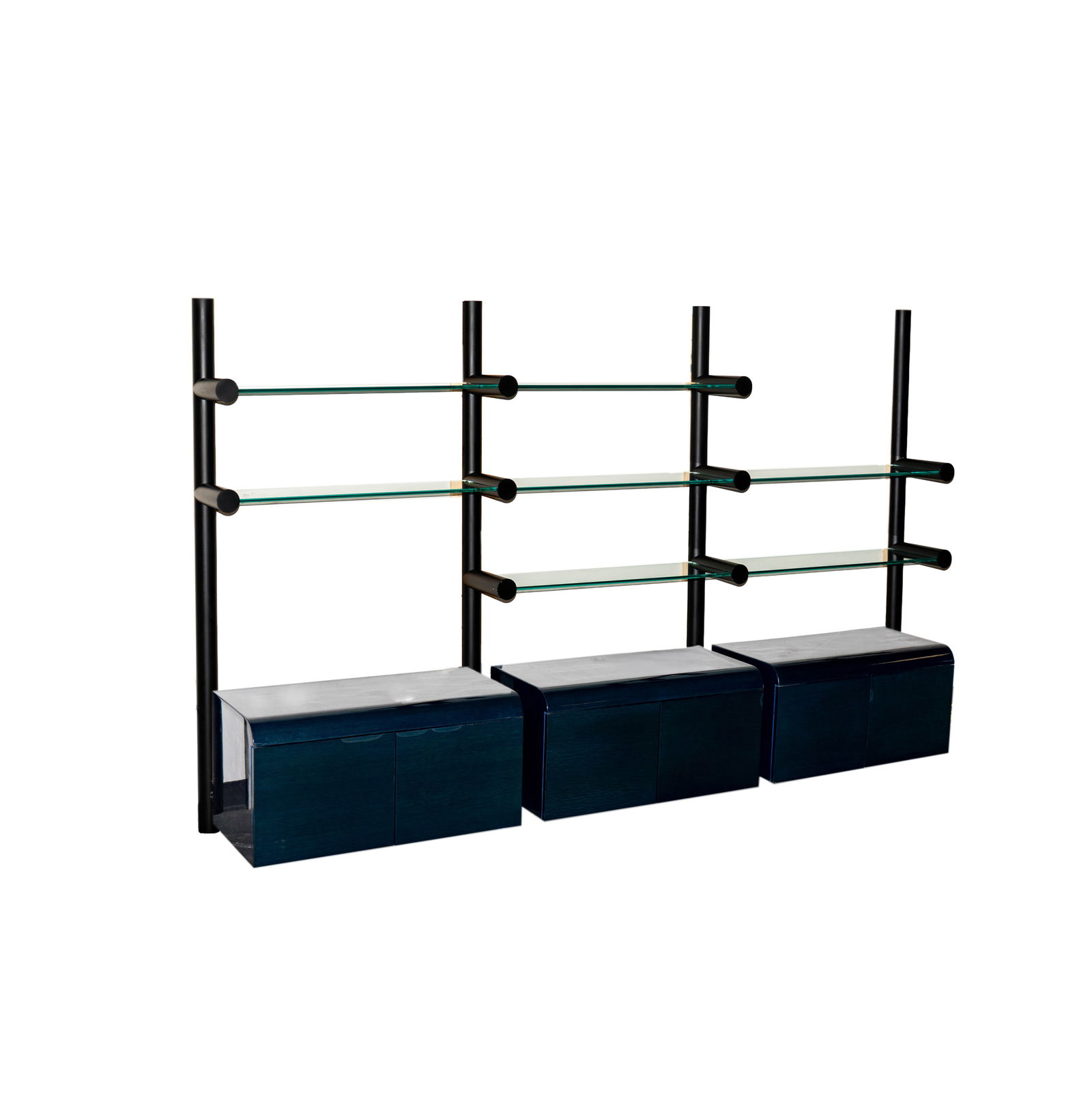 Janet Schweitzer for Pace Collection: Obra Wall Unit: circa 1970s, metal, glass, and blue lacquered wood, overall: 72 x 120 x 12 1/2 in.