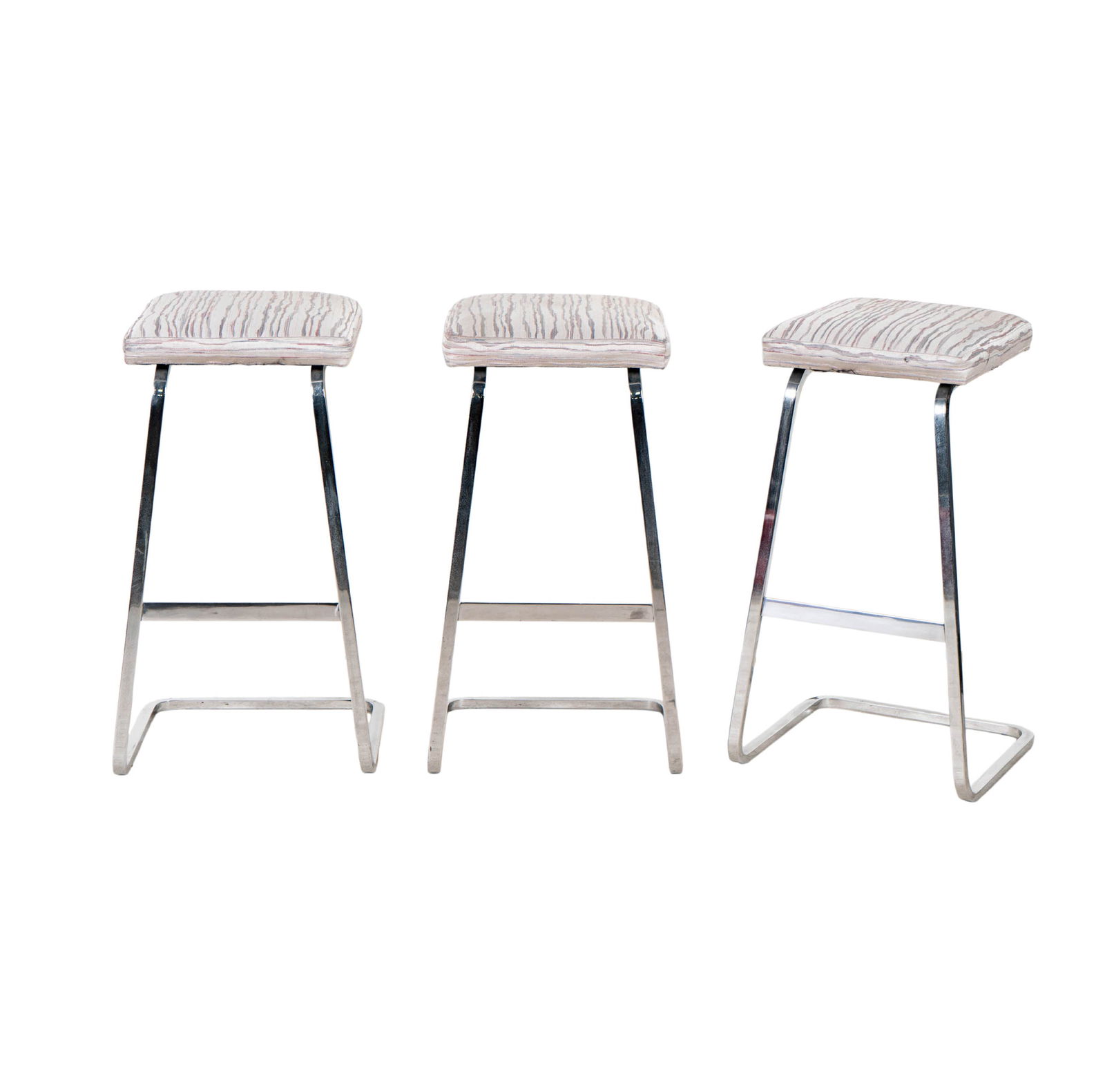 Ludwig Mies van der Rohe: Three Four Seasons Barstools: model257C, chromed metal, fabric, unsigned,31 x 17 x 17 in.