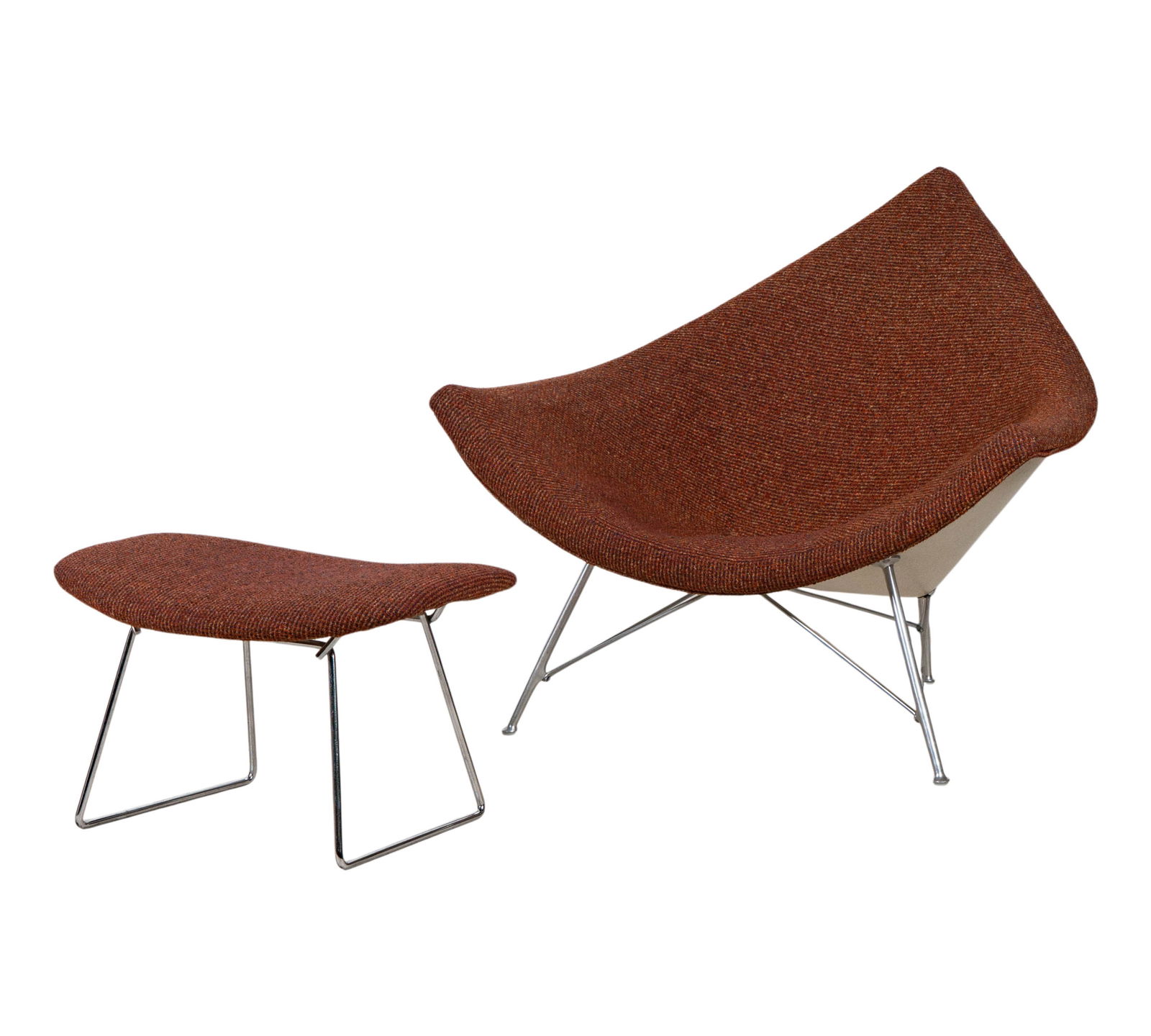 George Nelson: Coconut Chair and Ottoman: Herman Miller, USA, c. 1956, moldedfiberglass, chromed steel, wool fabric, unsigned, chair: 33 x 41x 35 in., ottoman: 14 x 24 x 18 in.