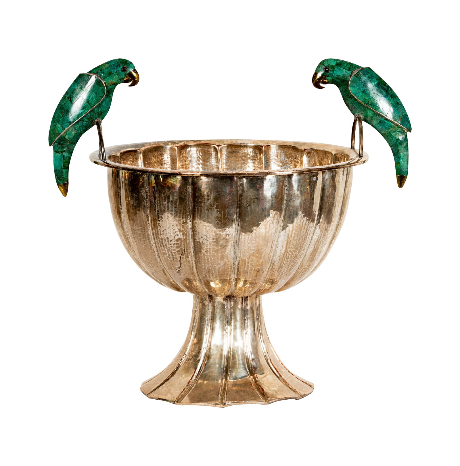 An Emilia Castillo Silverplate Parrot Punch Bowl: Taxco, Mexico; round with two handles, each handle with a malachite-inlaid and gilt parrot; marked TO-85 and Emilia Castillo / 3 / Mexico M.R. / Plateado, 19 x 21 x 16 in.