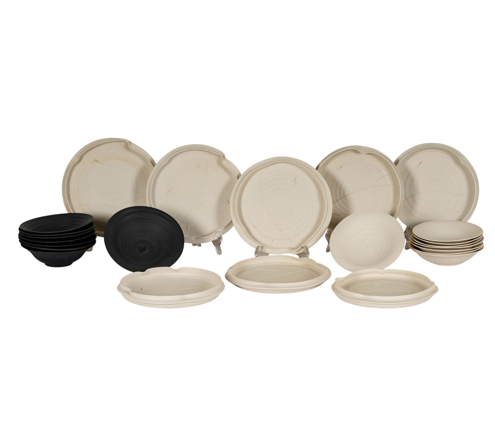Mineo Mizuno (b. 1944), Set of Dishes: unglazed earthenware, 1986, comprising eight plates (9 in. dia.), eight bowls (7 in. dia.), and eight salad plates (6 1/2 in.);each signed and dated [24 pieces]