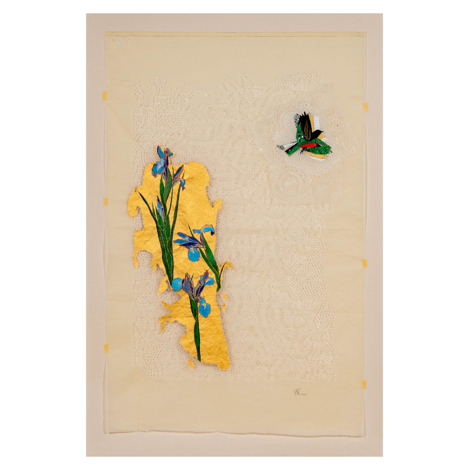 Tom Wudl (b.. 1948): Untitled (Irises): acrylic, gold leaf and perforations on paper, 2000, signed and dated lower right, sheet: 46 x 30 in. frame, 57 1/4 x 40 in. Provenance: With LA Louver, Venice, CA (label verso)
