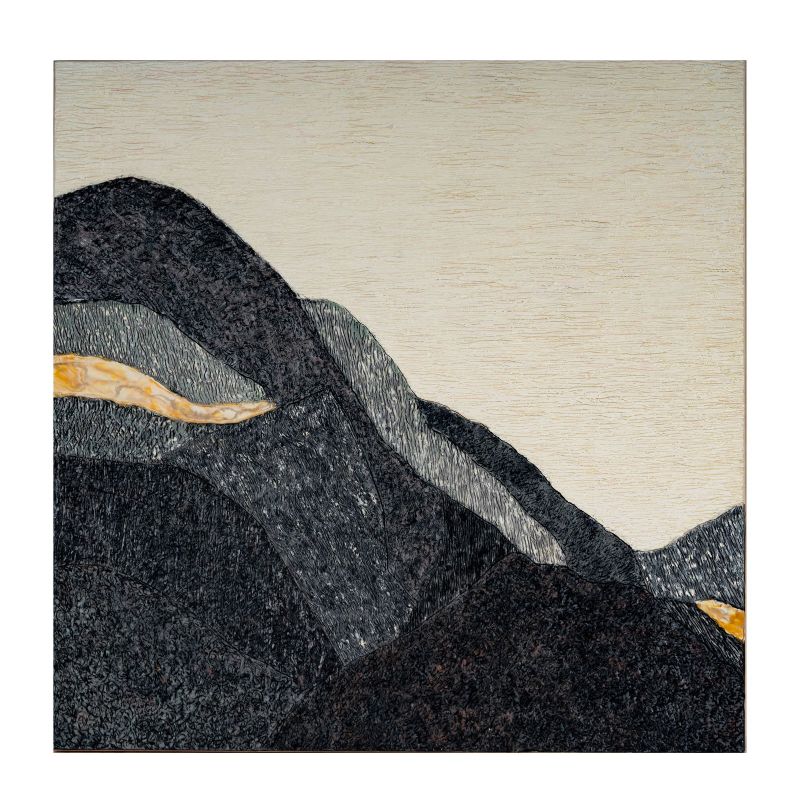 James Groleau (b. 1960): Facing East: mixed media collage on wood panel, signed and titled verso, 36 x 36 in.