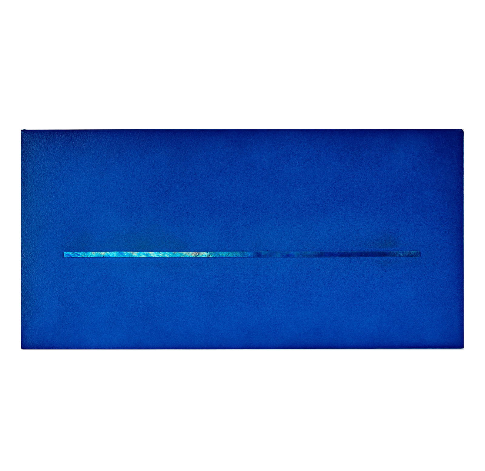 De Wain Valentine (1936 - 2022): Iridescent Skyline: acrylic collage on canvas with glass, 1993, signed, dated, and inscribed For Paul Anne with love...verso, 12 x 24 in.