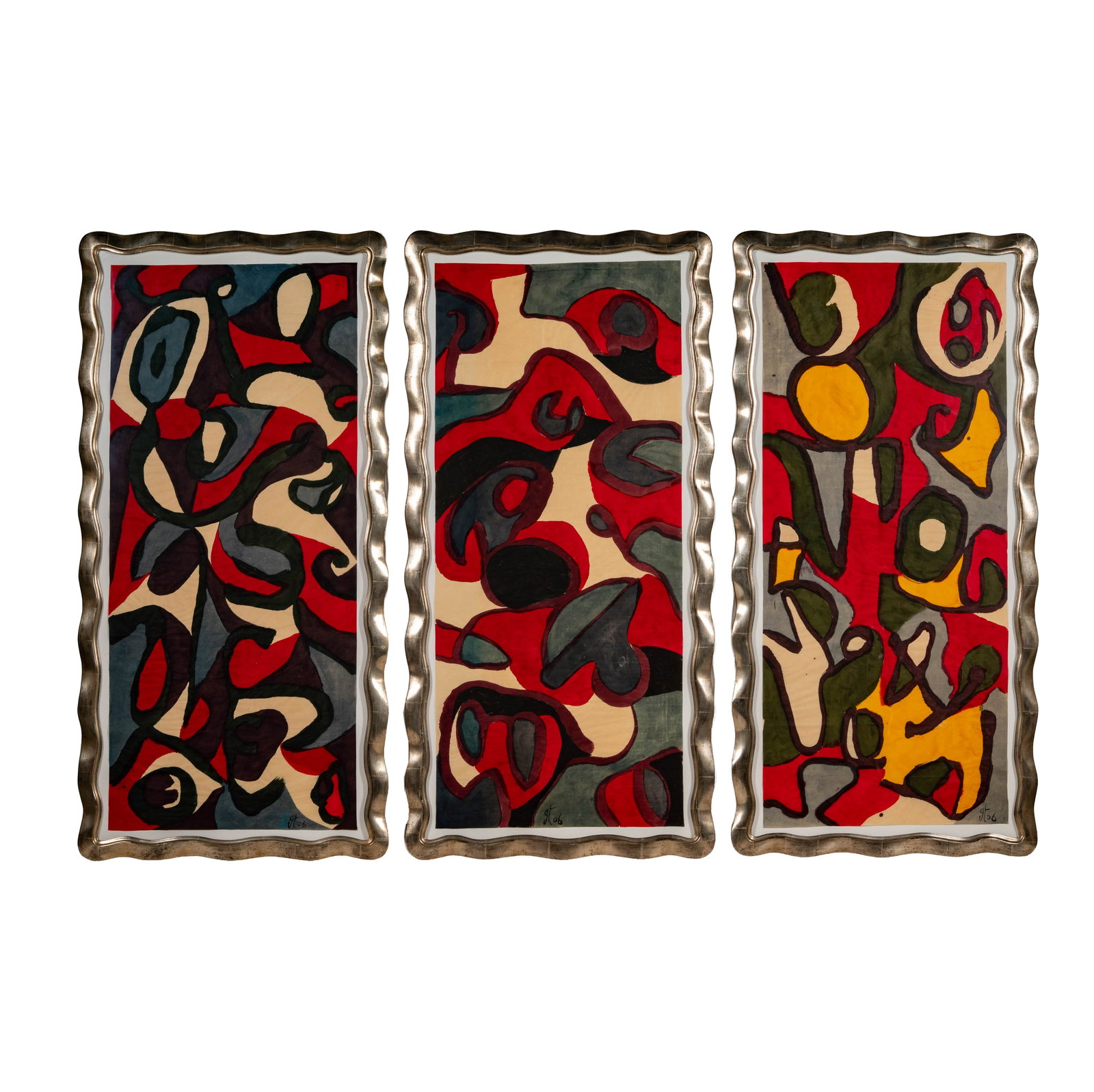 20th / 21st Century,: Three Works (Camouflage Abstracts): each: colors and ink on paper, 2006, signed with initials JTand dated lower right, sheet: 55 1/2 x 24 1/2 in., frame: 62 1/2 x 30 1/2 in.