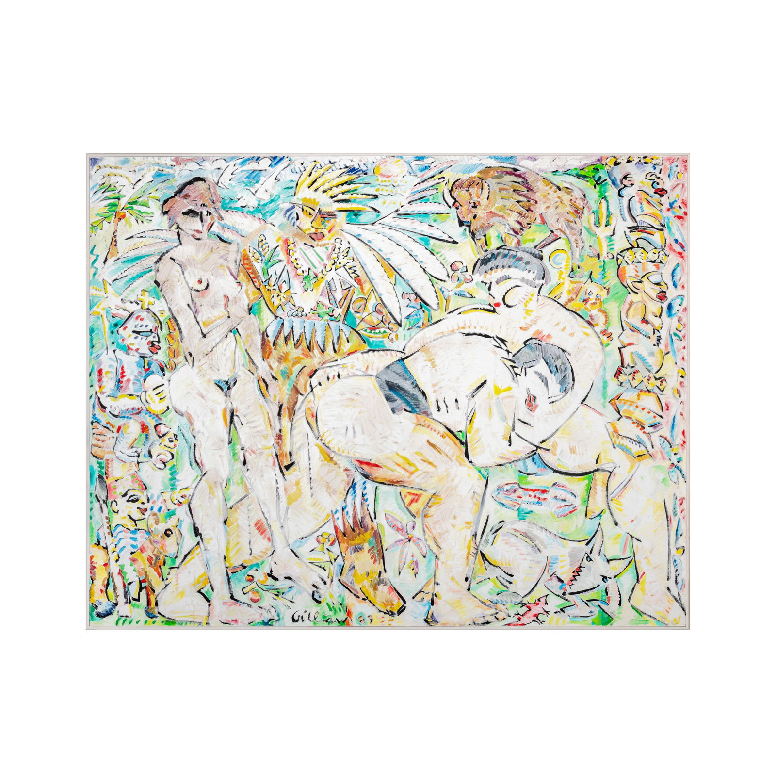 Ed Gilliam (1941-2020): Untitled (Figures Wrestling): oil on canvas, signed, 67 x 85 in. (170.2 x 215.9 cm.)