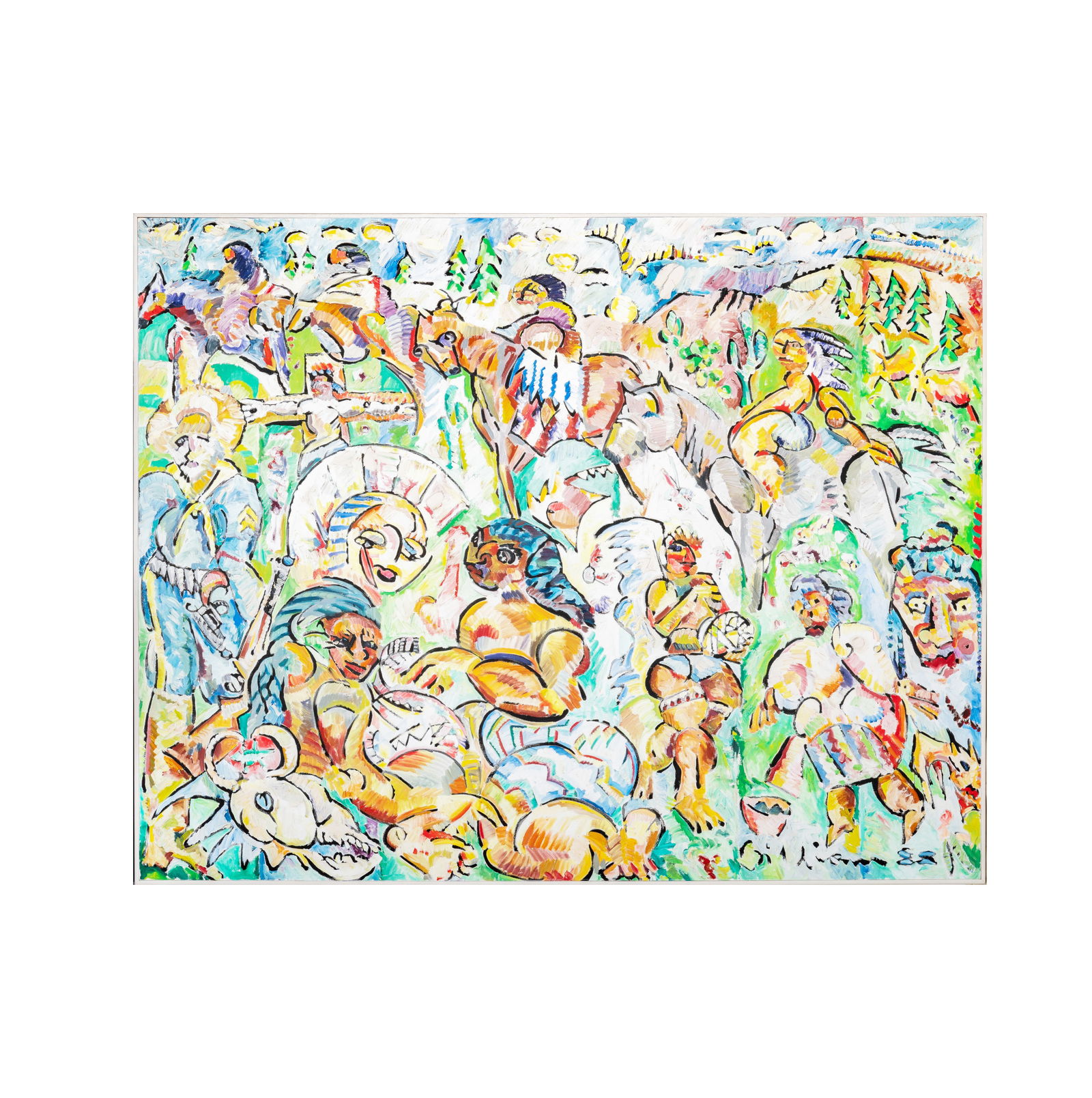 Ed Gilliam (1941-2020): Untitled (Figures in a Landscape): oil on canvas, 1988; signed and dated lower right, and again verso, 67 x 85 in.