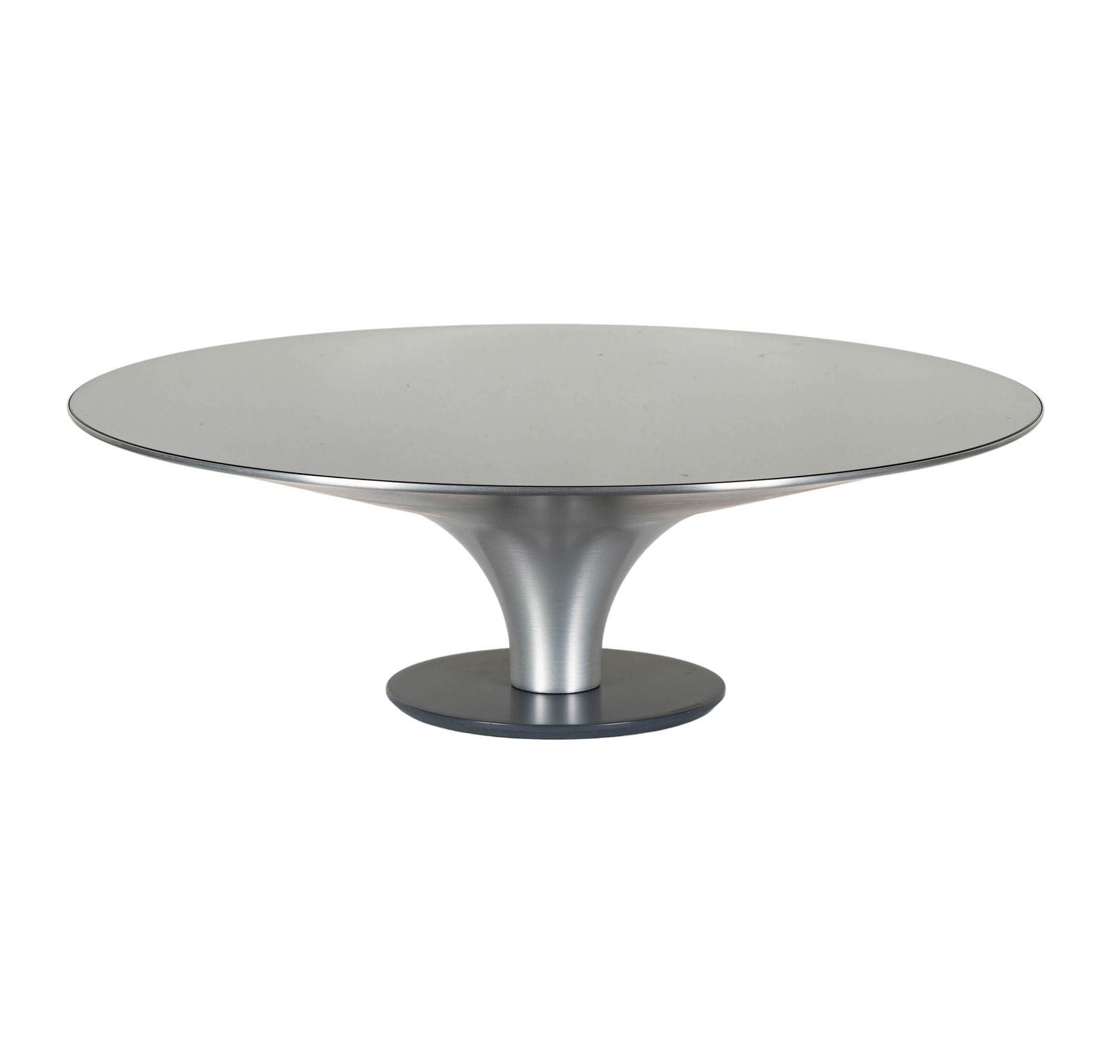 Vincenzo Maiolino for Roche Bobois: Ovni Cocktail Table: aluminum with transparent varnish and glass, 8 3/4 x 35 1/2 in. (22.2 x 90.2 cm.)