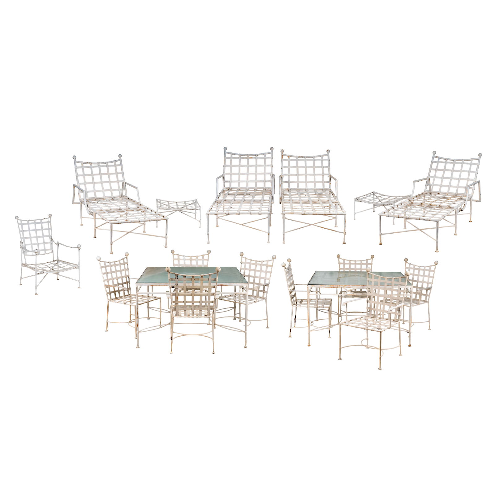 Mario Papperzini for Salterini: Patio Furniture Suite: white-painted iron, c.1960s,comprising four chaise lounges (adjusted flat: 16 x 80 x 28 in.), eight dining armchairs (37 x 24 x 21 in., seat height: 16 in., arm height: 24 in.), two square dining