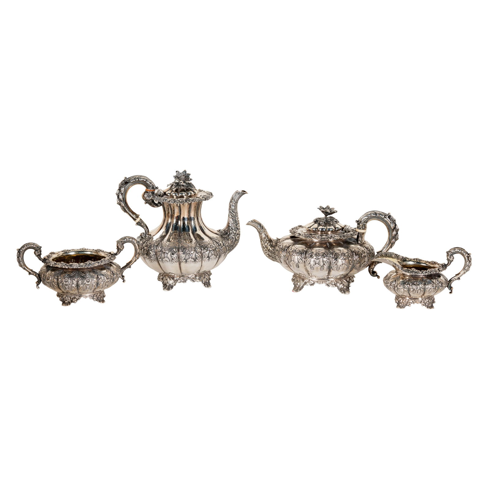 English Repousse Silver Tea Service: The Barnard and Sons Silver Co., 2550 g., chocolate pot: 8 1/2 x 9 1/2 in.